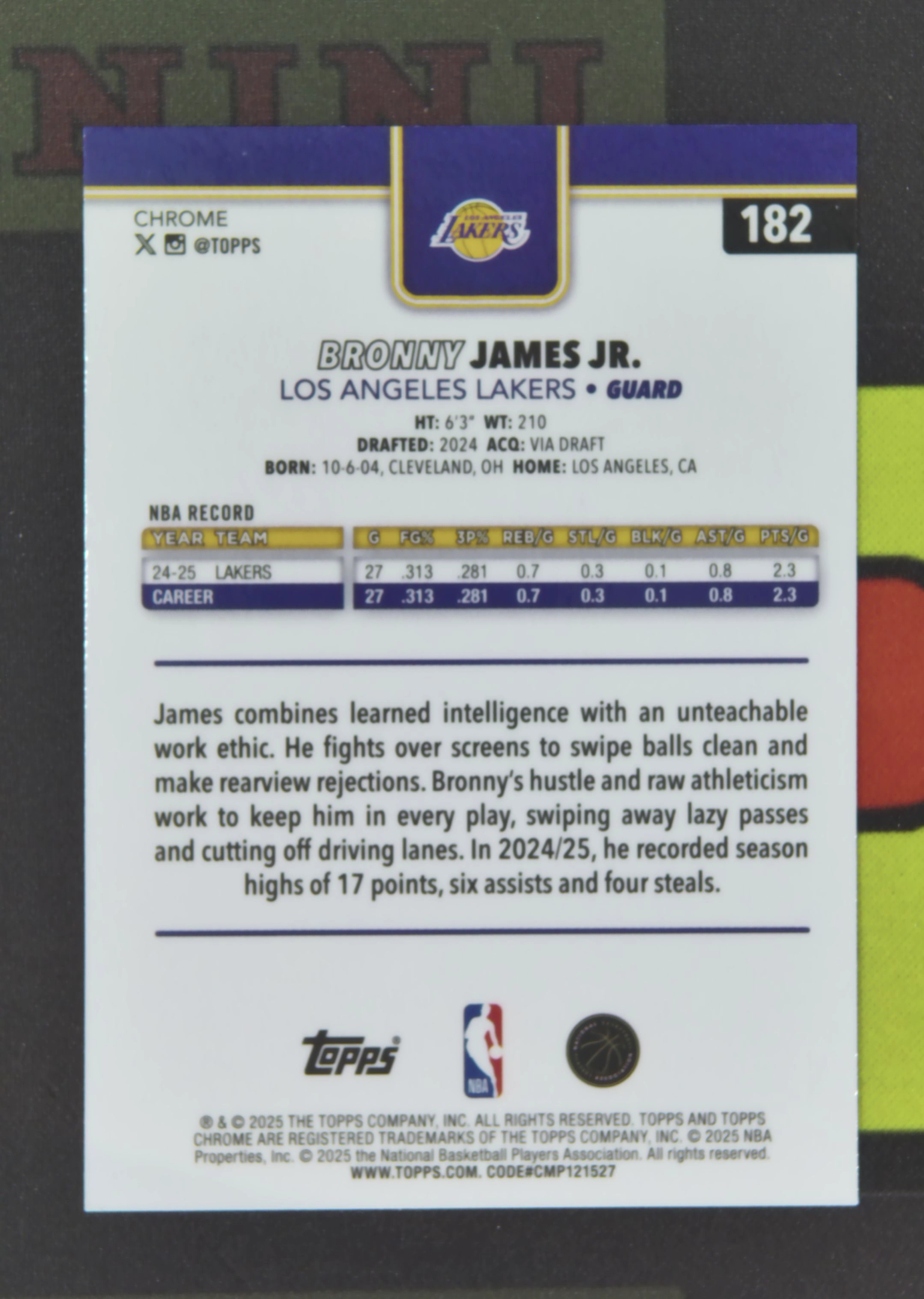 2025-26 Topps Chrome Bronny James Nirvana Project 布朗尼 詹姆斯 湖人 106/299 青折 折射 TC 卡品如图 xu001