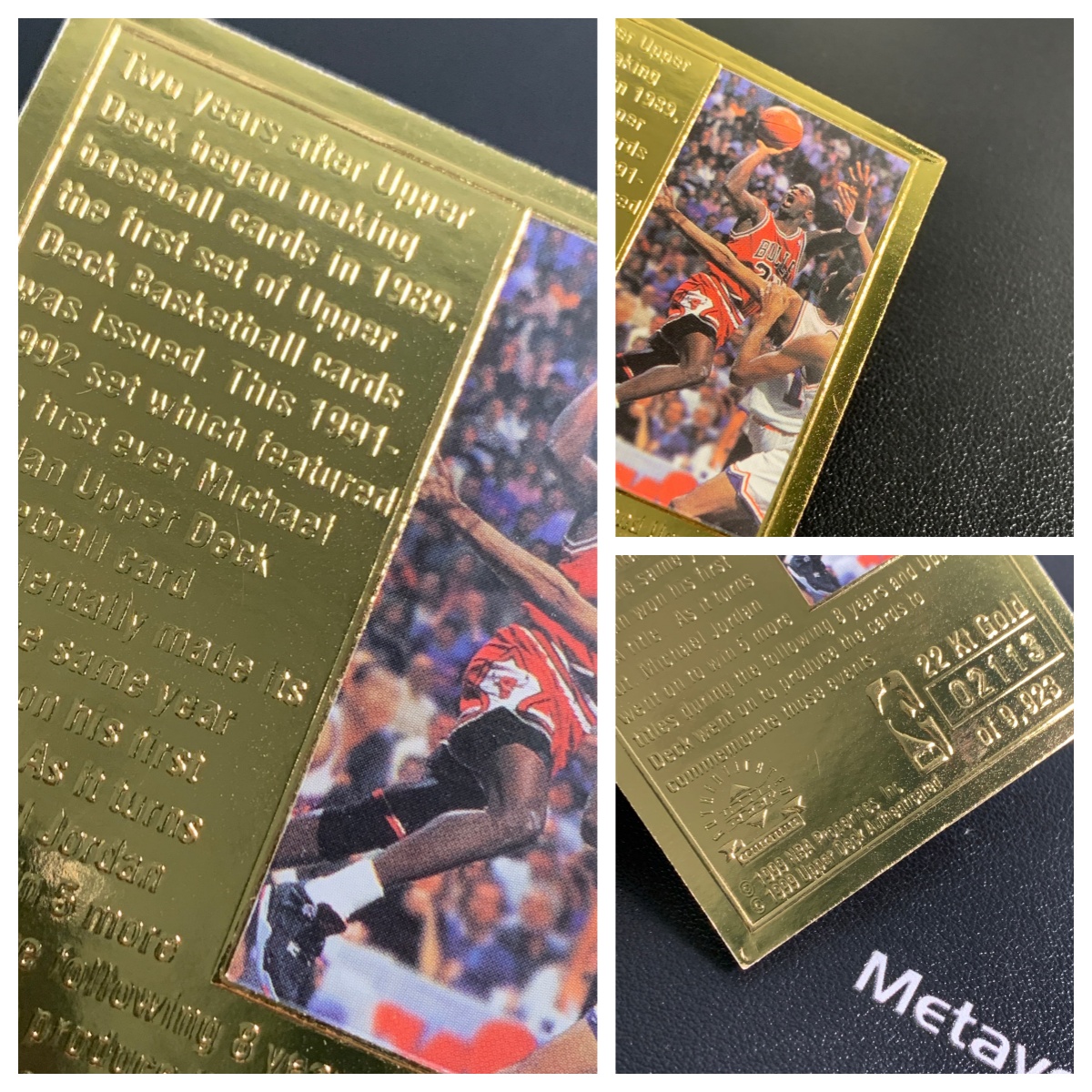 【元宇宙拍卖】张张总222:1999 Upper Deck 22kt Gold Michael Jordan 公牛 迈克尔乔丹 篮球之神 飞人 金箔 烫金 2113/9923编 经典老卡 带证书 瑕疵如图 收藏必备