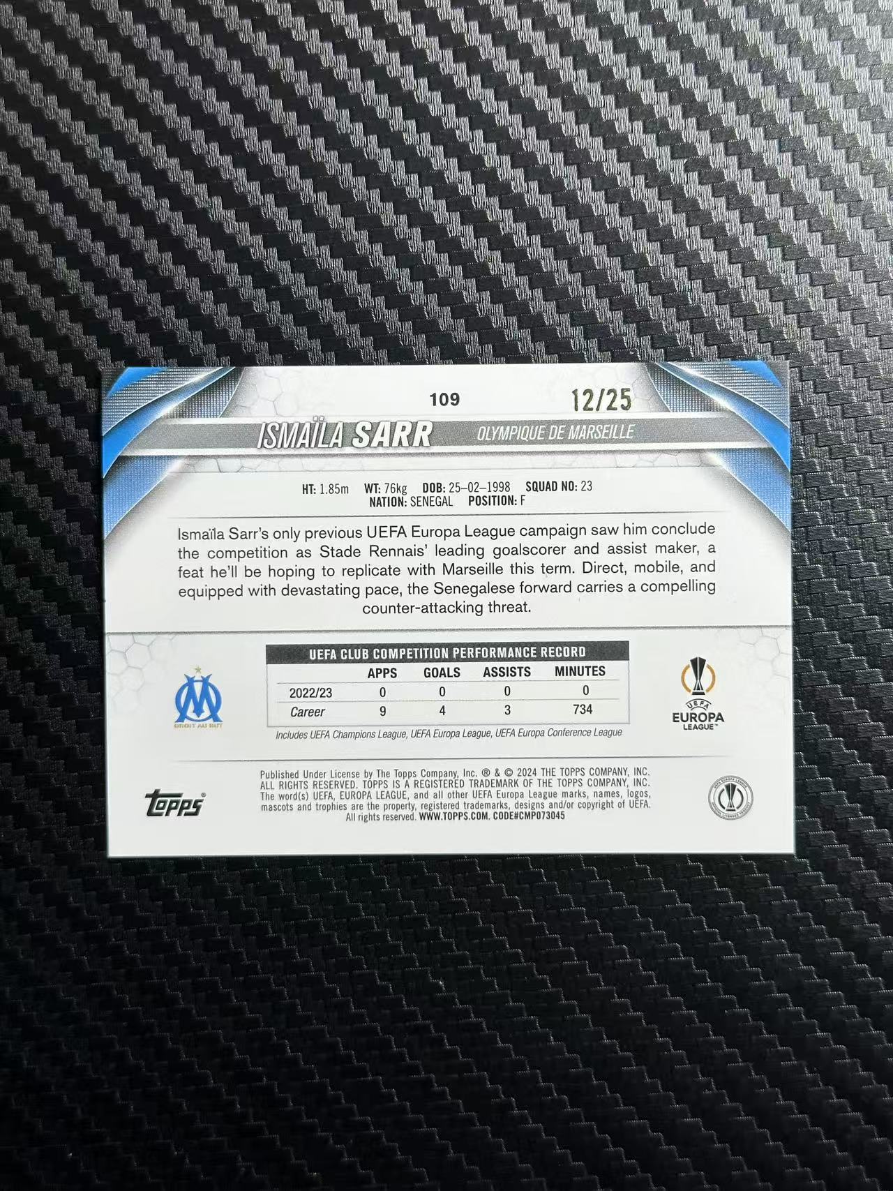2024 Topps UCC ISMAILA SARR 斯马伊拉 萨尔 马赛 欧冠 碧玉 12/25编 橙玉折 卡品如图 拍前看描述