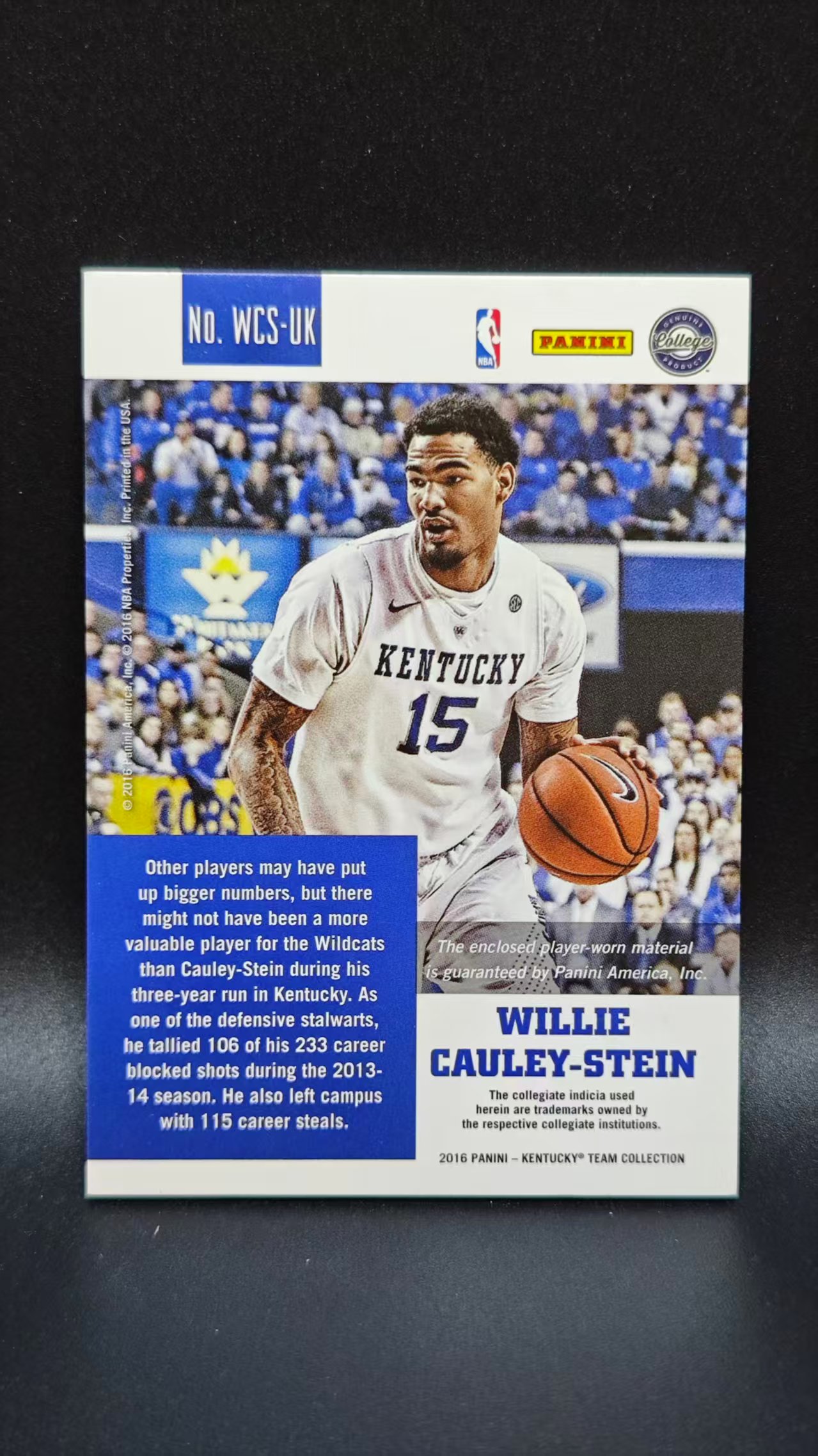 2016 【六六代卖 预付截标回款】 Panini Willie Cauley Stein 考利斯坦 大学 球衣实物(炜炜017)WL