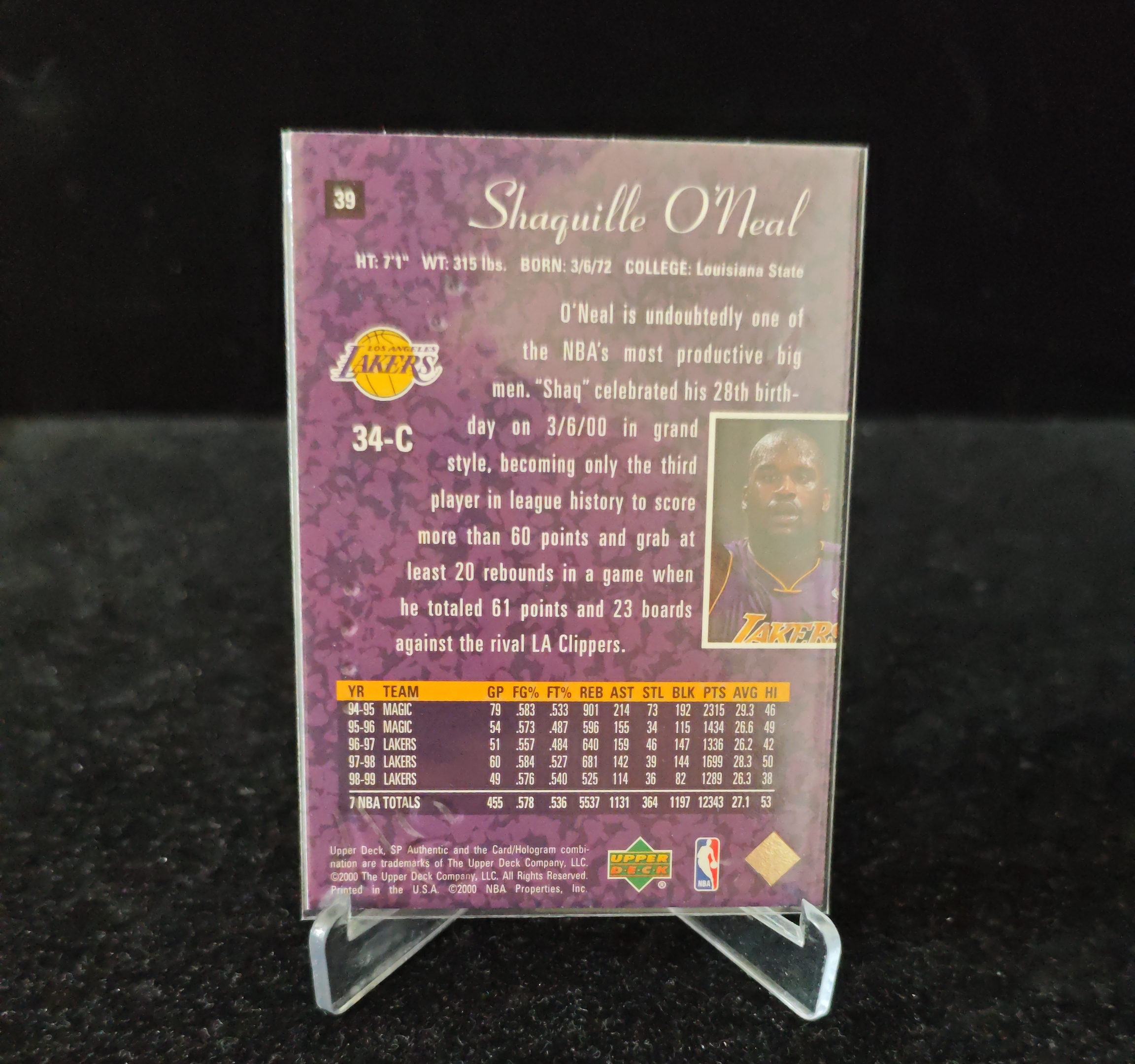 2000 Upper Deck SP Authentic Shaquille Oneal #39 沙奎尔 奥尼尔 鲨鱼 SHAQ 洛杉矶湖人 卡品如图