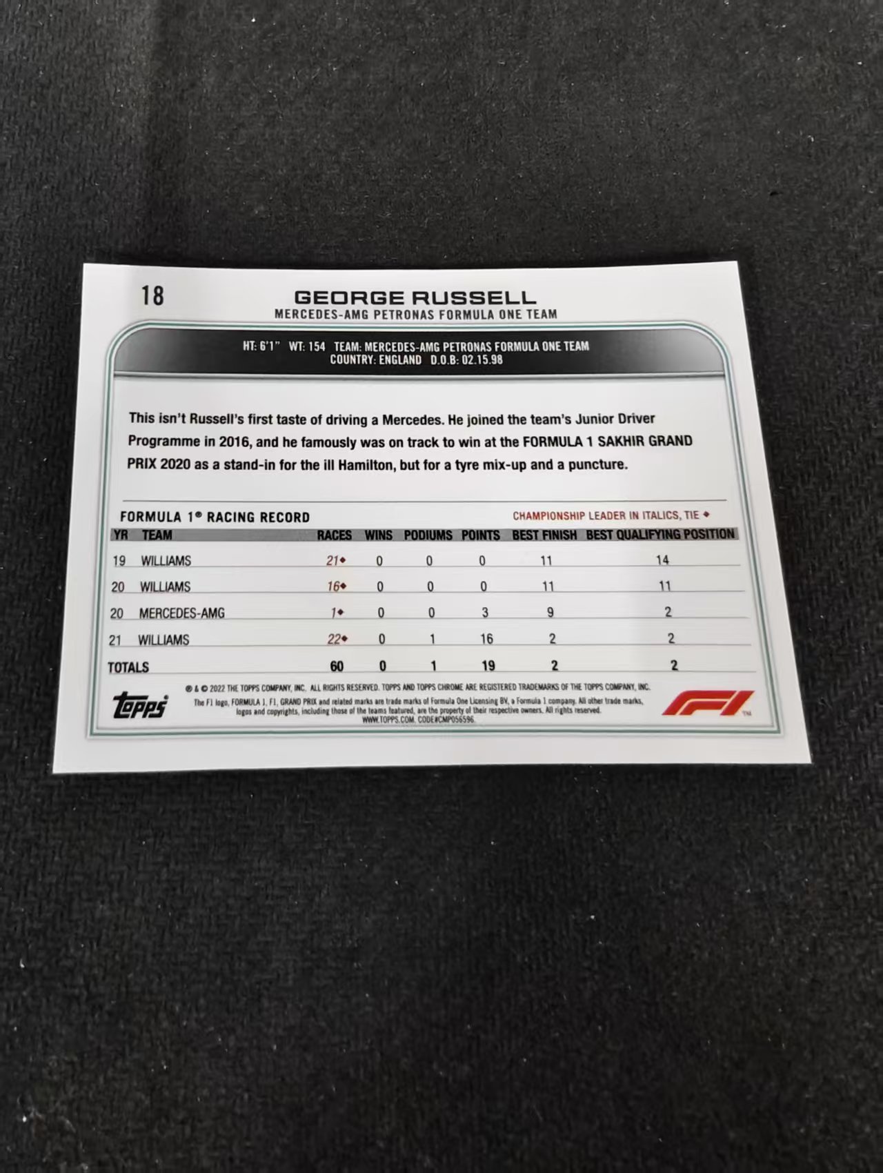 2022 Topps Chrome F1 George Russell 乔治 拉塞尔 梅奔 划痕 边角瑕疵#18
