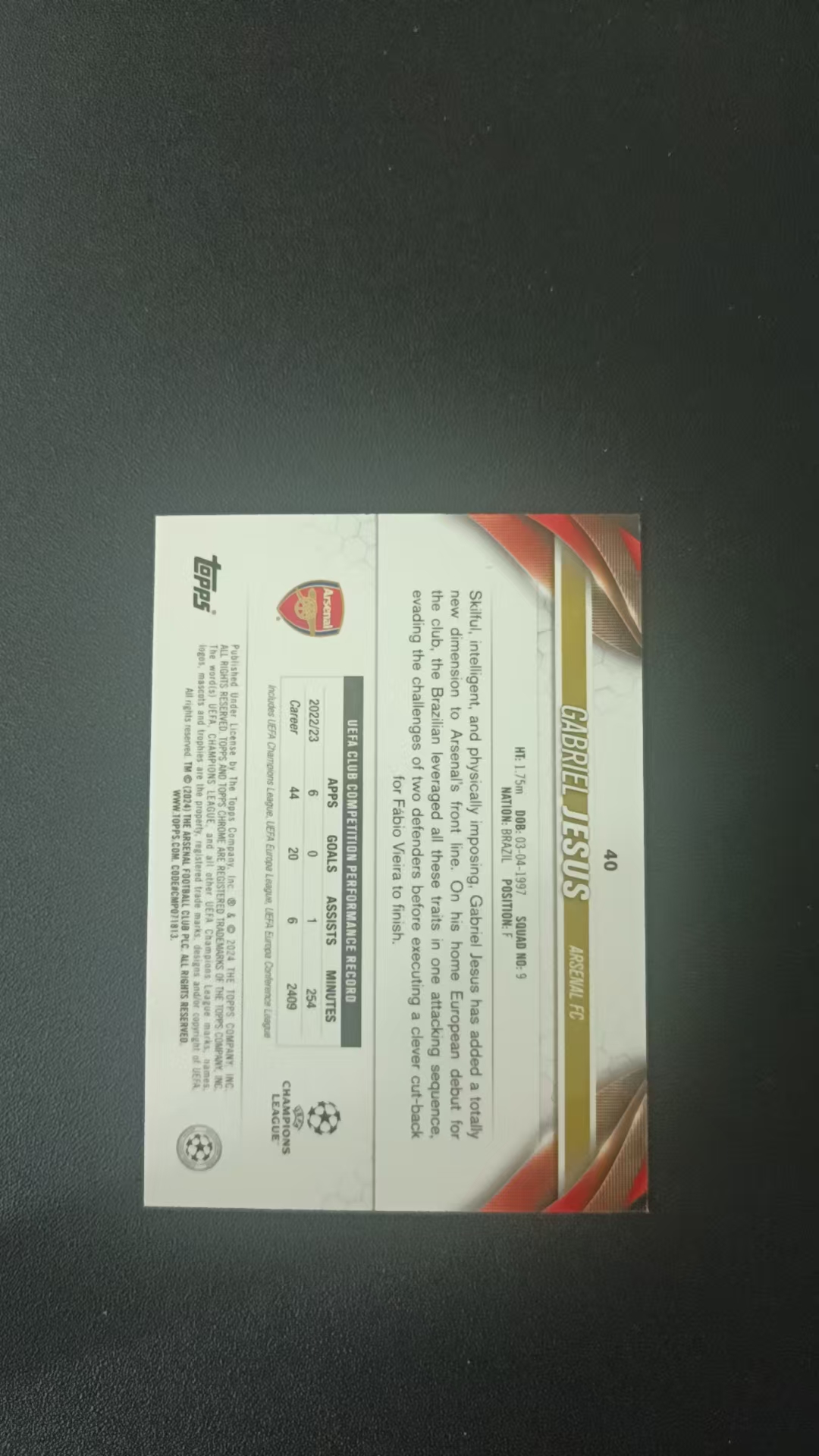 2024 Topps Chrome Gabriel Jesus #40 阿森纳 热苏斯 加布里埃尔 巴西 欧冠 TC