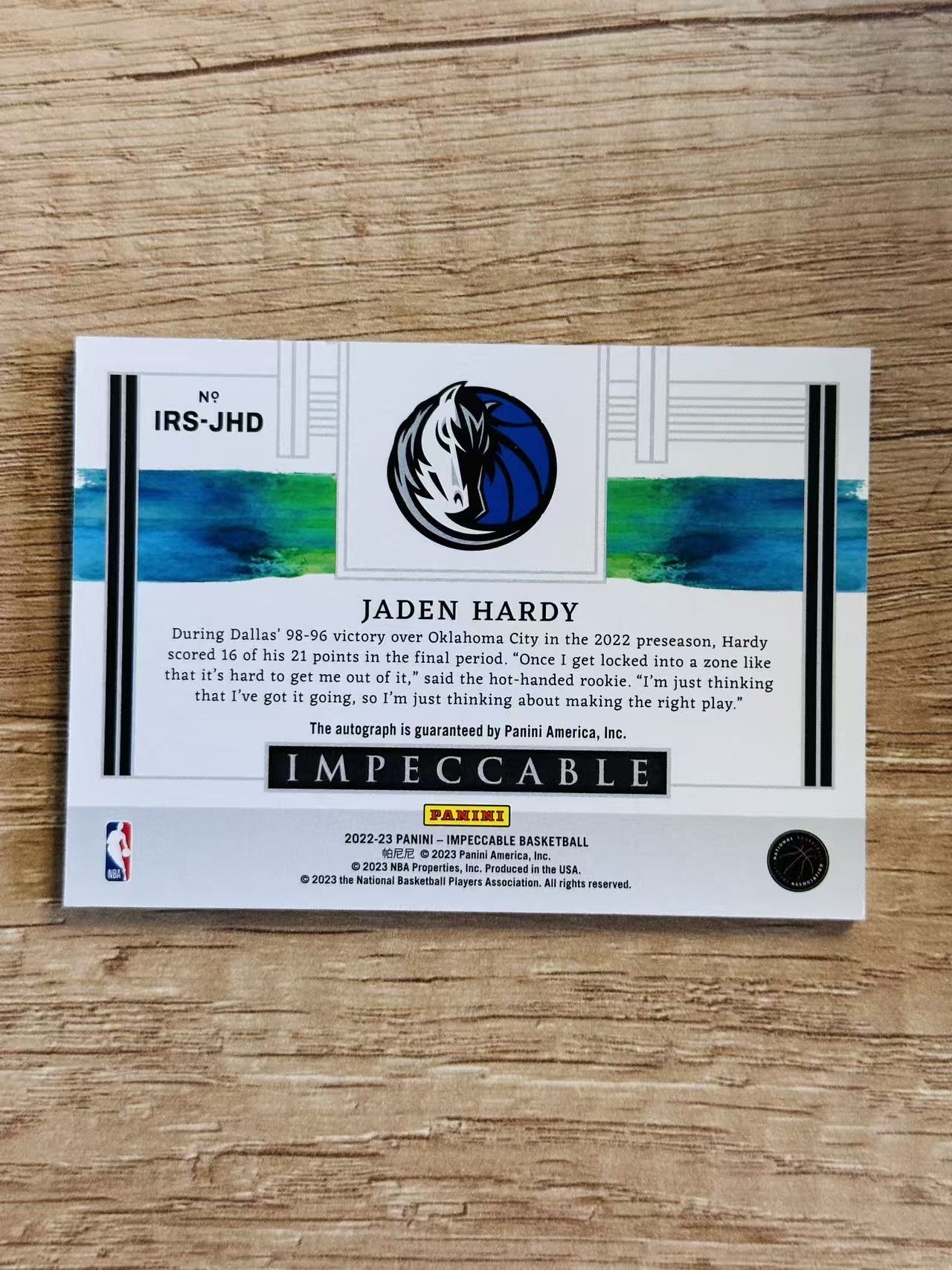 2022-23 Panini Impeccable Jaden Hardy 嘿嘿代卖 小真金 杰登 哈迪 新秀 RC 签字 卡签 99编 独行侠