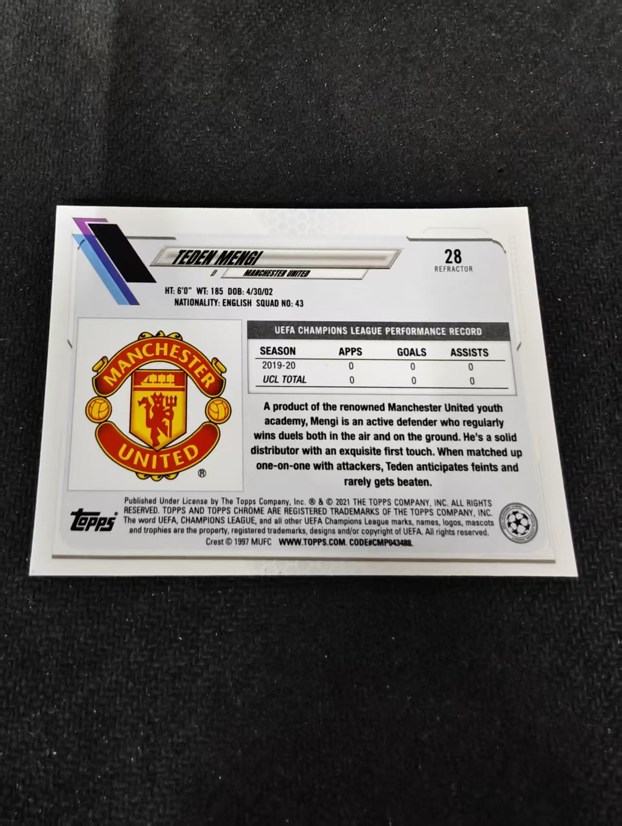 【可合并,不累计】2021 Topps chrome Teden Mengi RC 门吉 新秀 曼联 欧冠 银折 划痕 边角瑕疵 #28