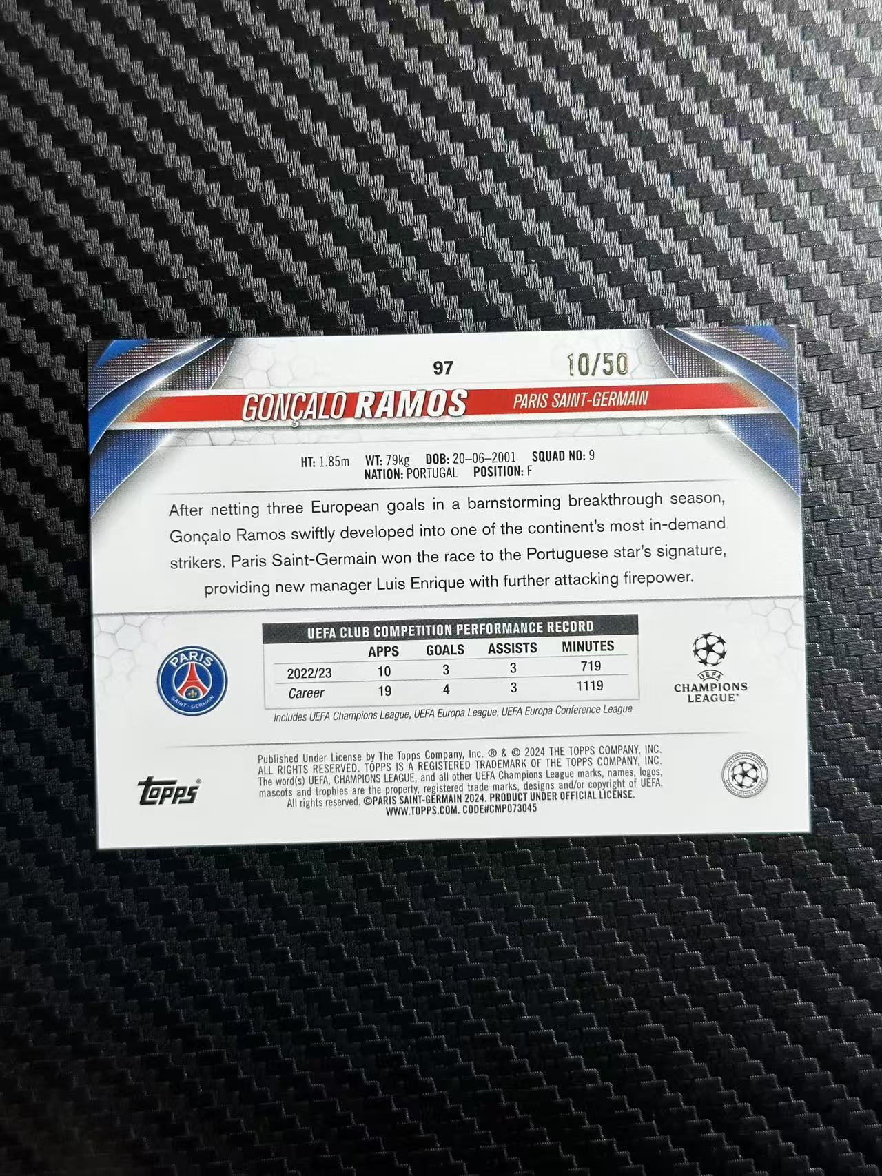 2024 Topps ucc Goncalo Ramos 欧冠 碧玉 巴黎圣日耳曼 冈萨洛 拉莫斯 金玉折 10/50编 卡品如图 拍前看描述