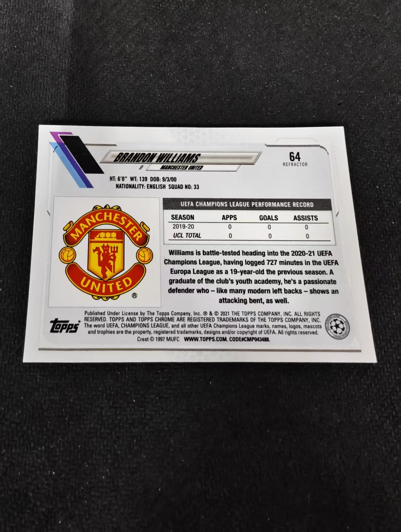 【可合并,不累计】2021 Topps Chrome Brandon Williams RC 曼联 布兰登 威廉姆斯 新秀 欧冠 银折 划痕 边角瑕疵 #64