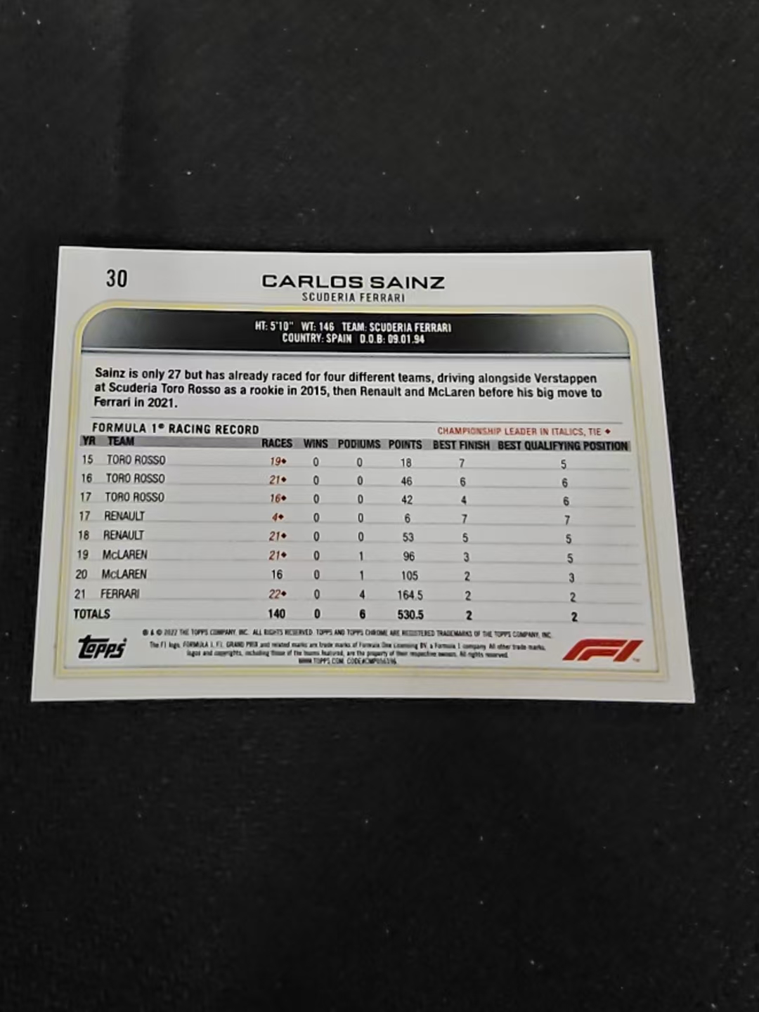 2022 Topps Chrome F1 Carlos Sainz 卡洛斯 塞恩斯 法拉利 划痕 边角瑕疵 #30