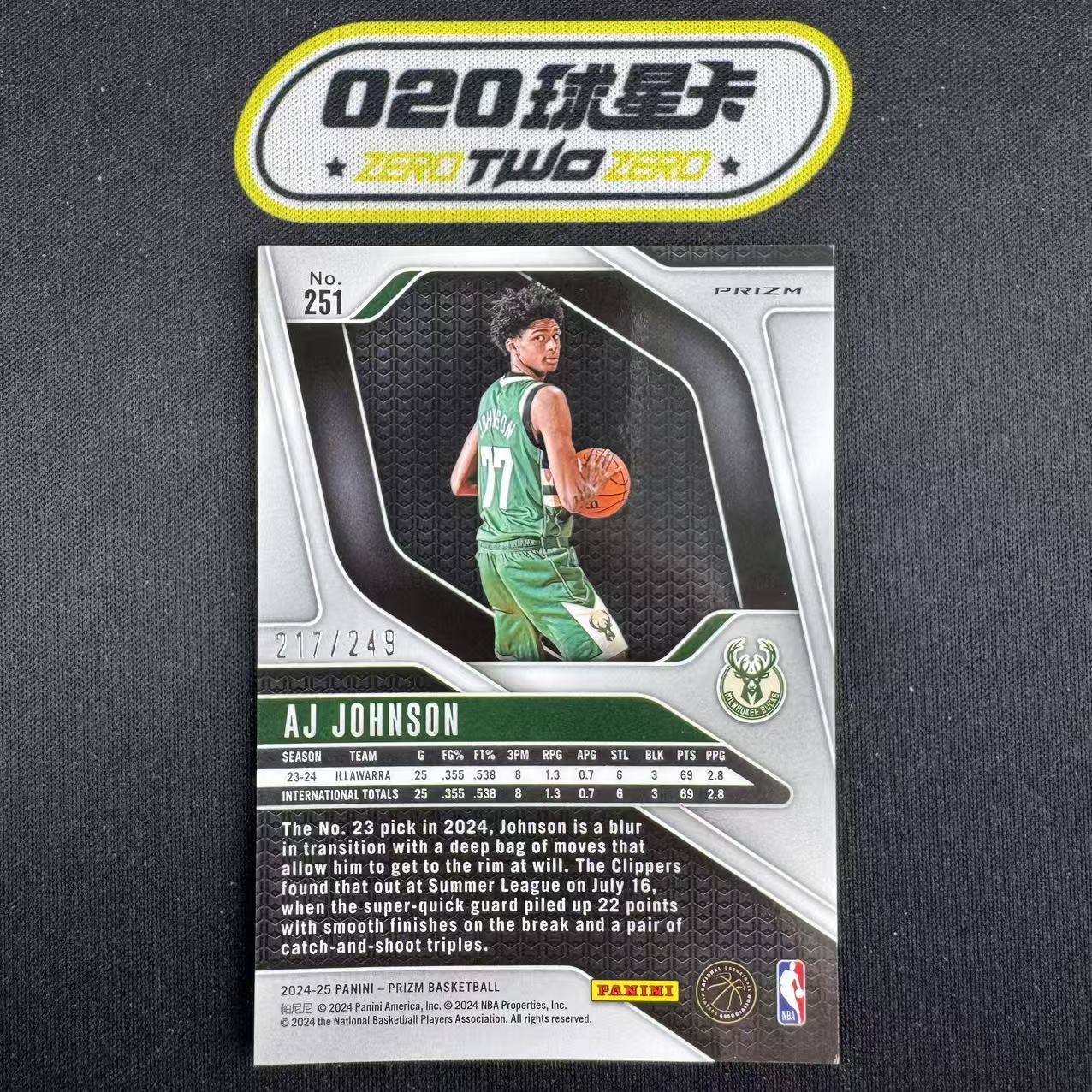 2024-25 Panini Prizm AJ Johnson AJ 约翰逊 新秀RC 217/249编 银瀑布折 雄鹿 微瑕如图(GZ01)