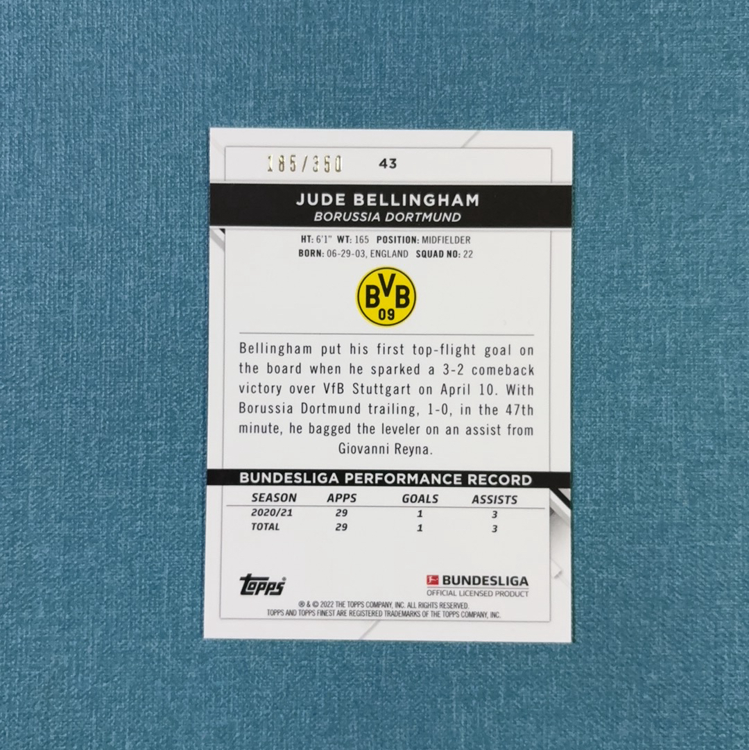 2021-22 Topps Finest 德甲 Jude Bellingham 贝林厄姆 185/350编 金折 多特蒙德 皇家马德里 皇马 卡品如图 HBM