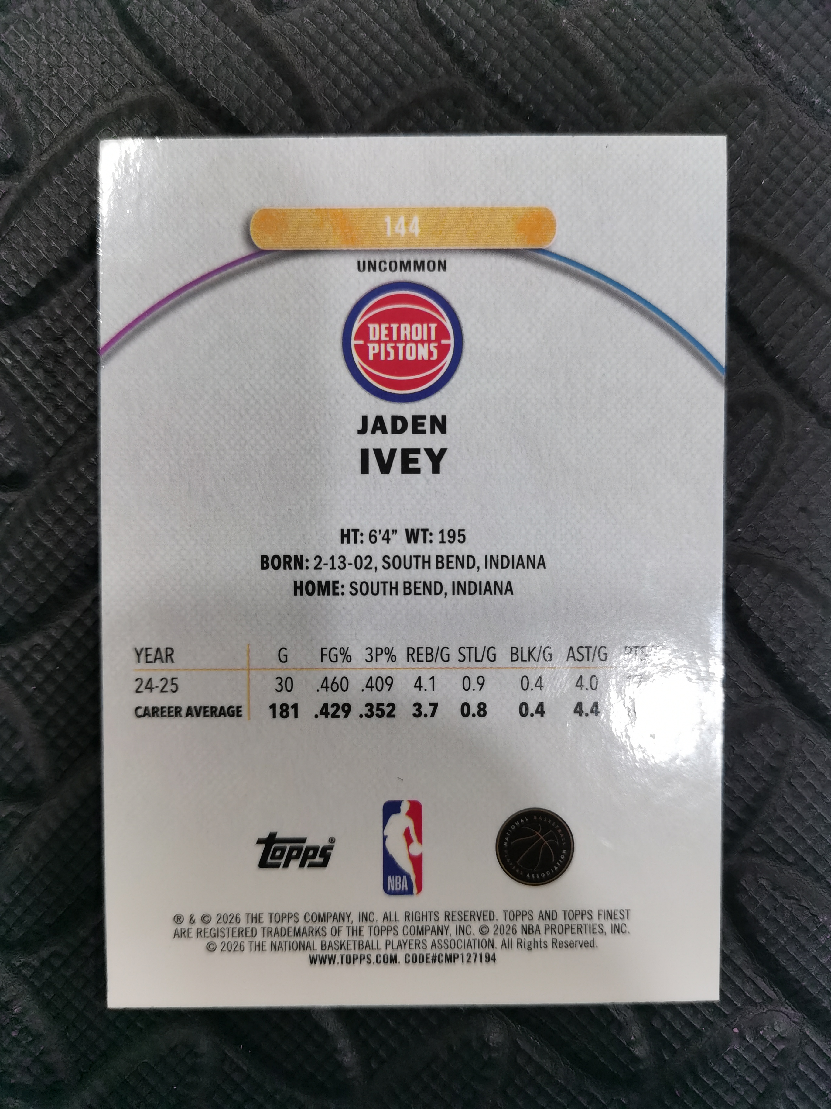 2026 Topps Finest Jaden Ivey 杰登艾维 活塞 二级 油污 收藏凑套 卡品如图 免费代拍(SC888)