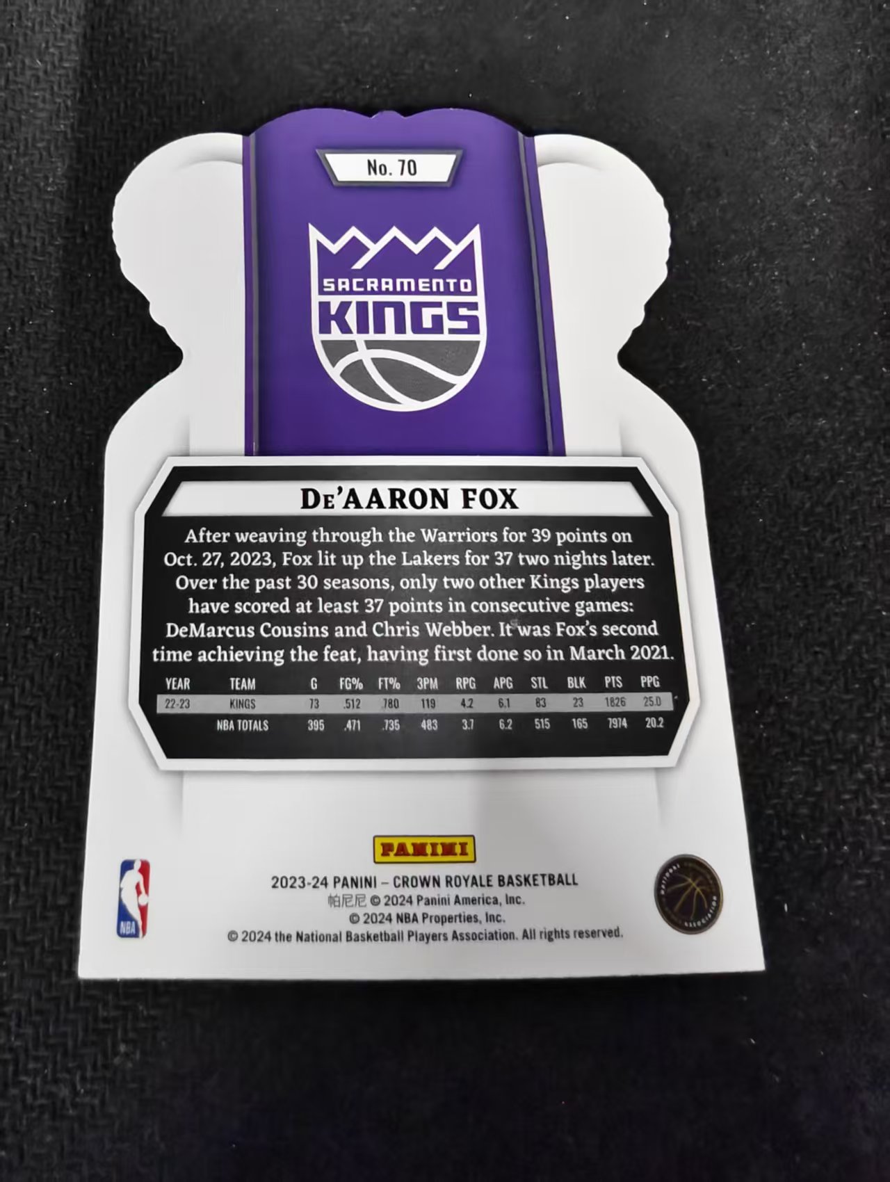 2023-24 panini Crown Royale De'Aaron Fox 达龙 福克斯 国王 皇冠 异形 划痕 边角瑕疵 #70