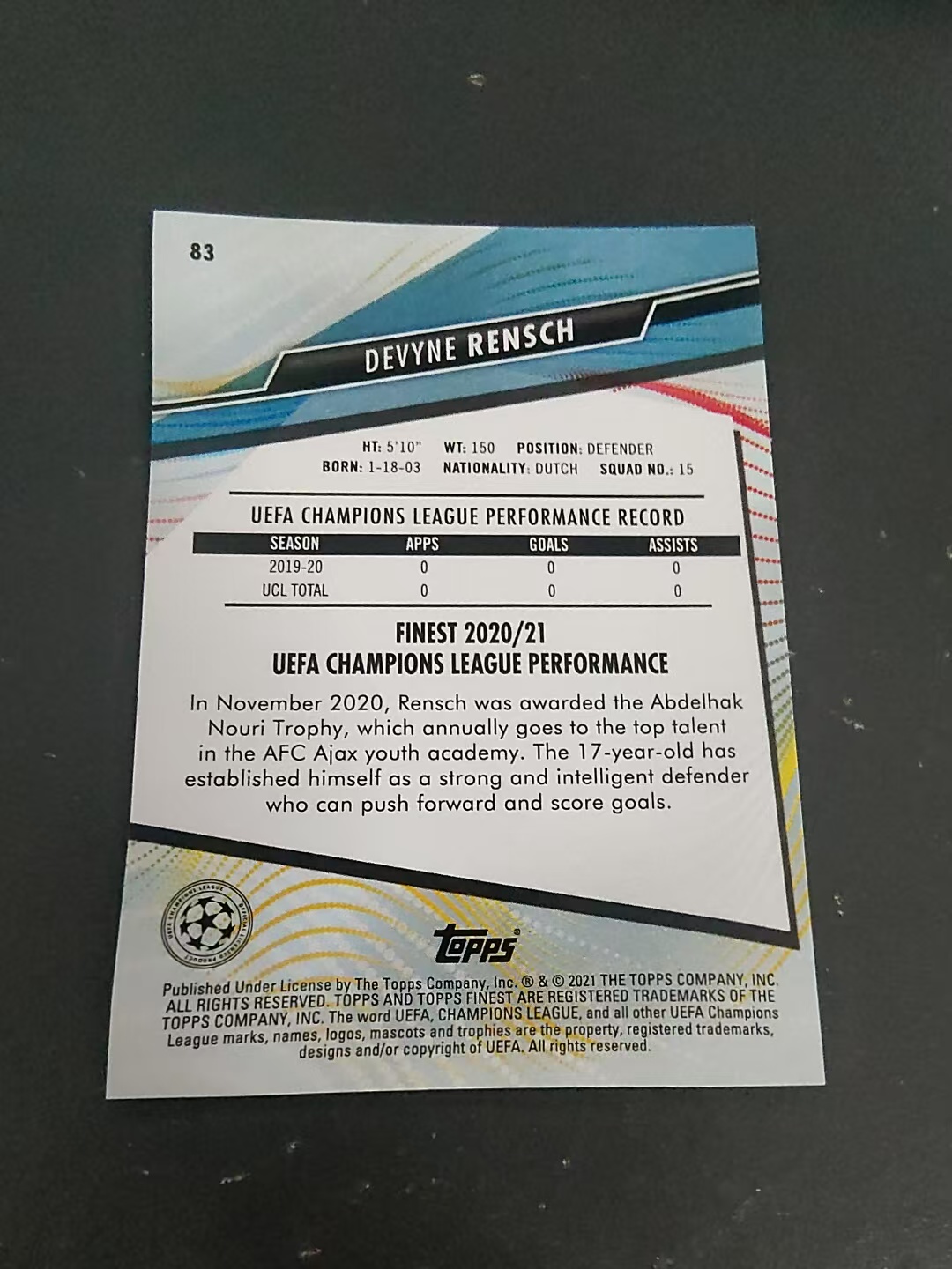 【可合并,不累计】2021 Topps Finest Devyne Rensch RC 阿贾克斯 伦斯 新秀 欧冠 划痕 边角瑕疵 #83