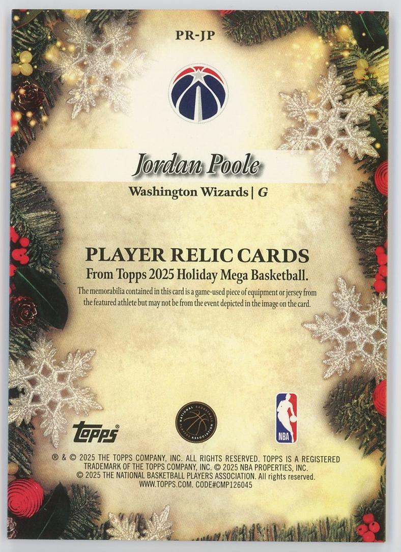 2025-26 Topps Holiday Jordan Poole 乔丹普尔 199编 圣诞节 节日版 亲穿 球衣 物料 紫折 折射 奇才 卡品如图 1BL6/11.27