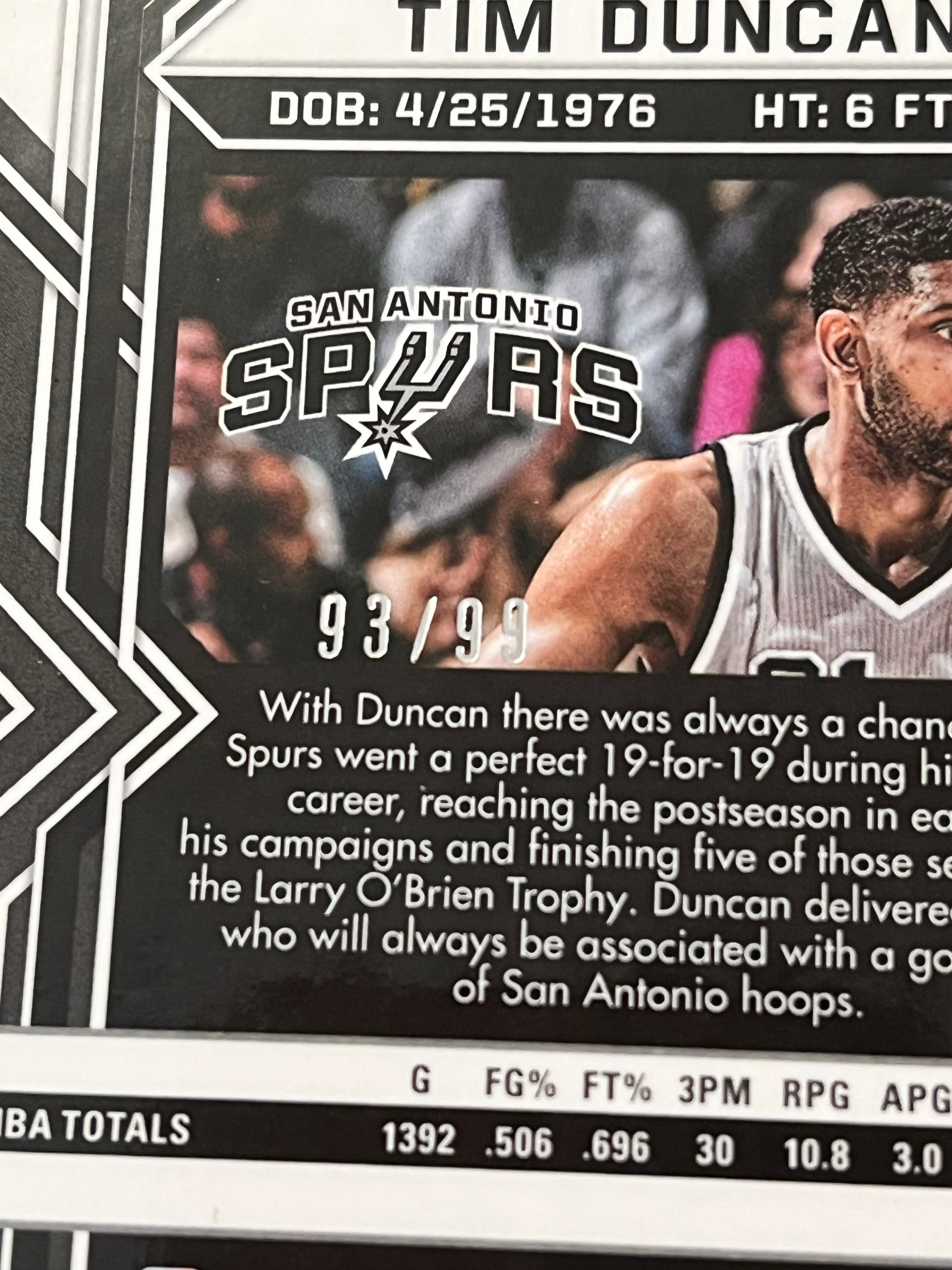 2021-22 Panini Obsidian Tim Duncan 蒂姆 邓肯 石佛 马刺【带编 93/99 折射 银折 黄平行 黑曜石系列】【边角瑕疵如图 介意勿拍】#1156