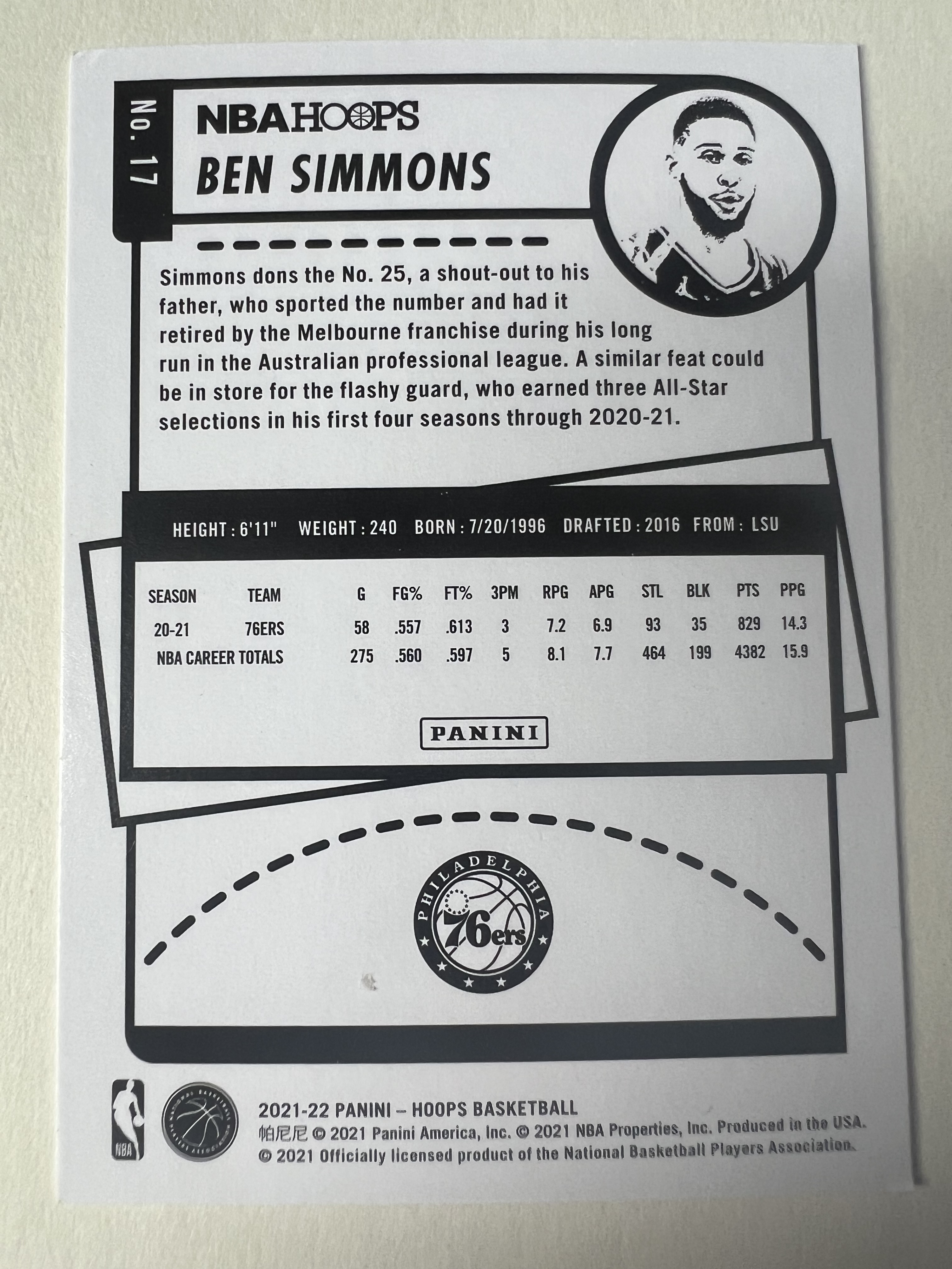 2021-22 Panini NBA Hoops Ben Simmons 本 西蒙斯 76人队 未来可期 值得收藏 凑套必备 实卡精美 投资佳品 #17