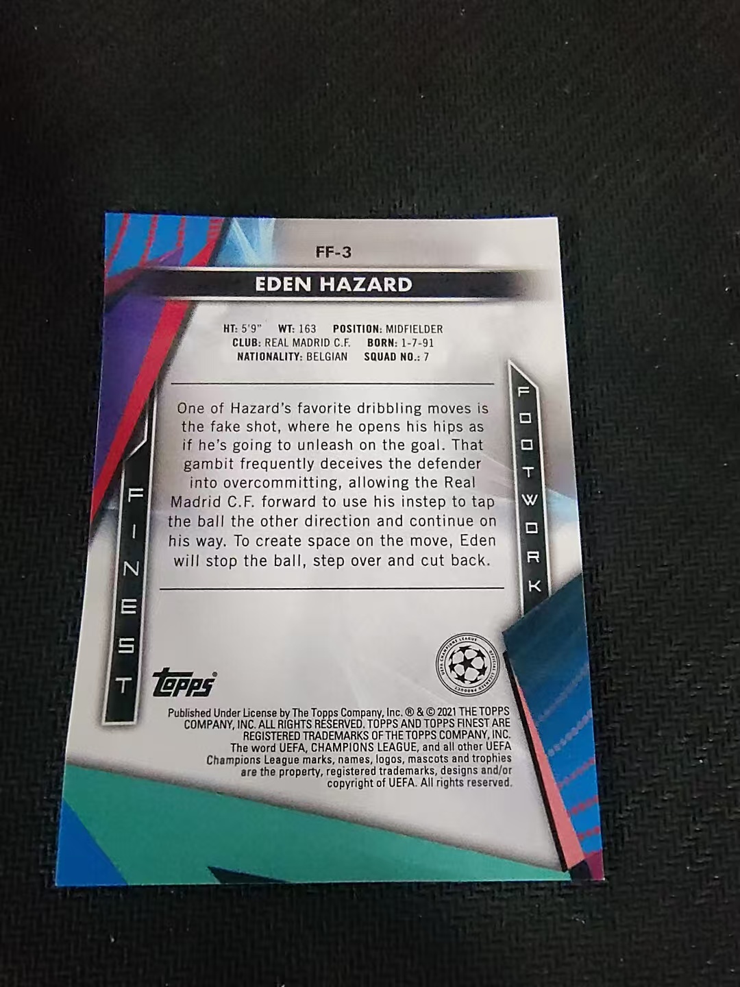 【可合并,不累计】2021 Topps Finest Eden Hazard 阿扎尔 皇马 欧冠 欧冠 银折 特卡 #3 边角瑕疵 坑印