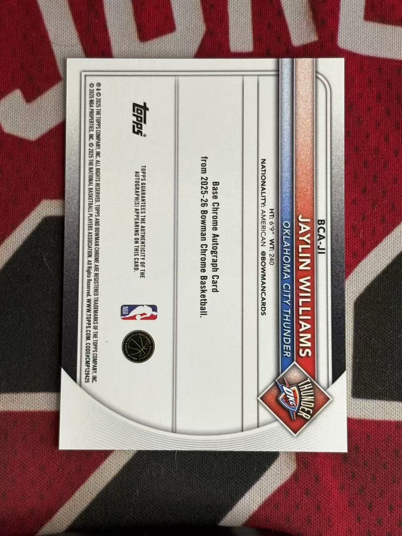 2025-26 TOPPS BOWMAN CHROME Jaylin Williams 雷霆 杰林威廉姆斯 签字卡 正base签 专收凑套必备【烂臭嘴拍卖】