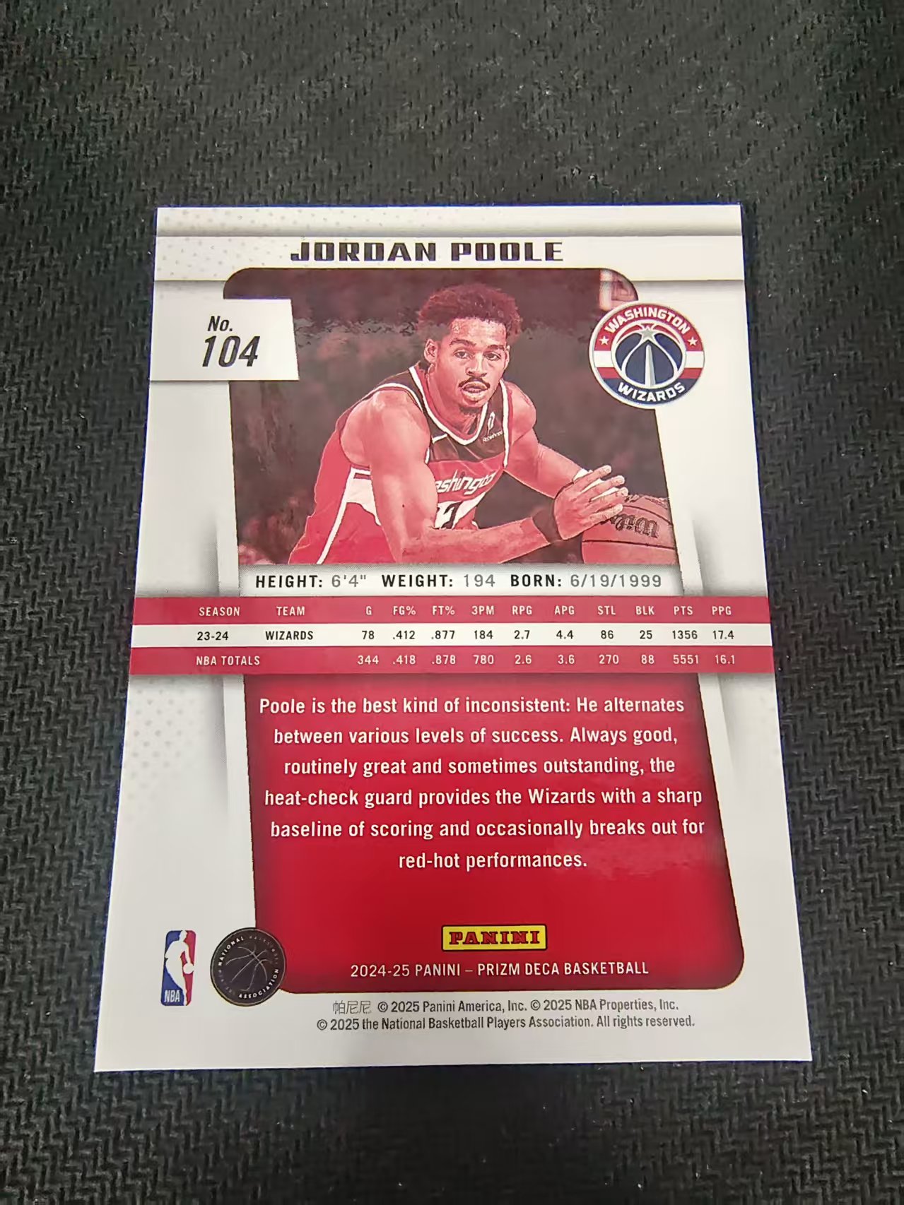 【可合并,不累计】2024-25 panini prizm deca Jordan Poole 复刻 奇才 乔丹 普尔 PZ 划痕 边角瑕疵 #104