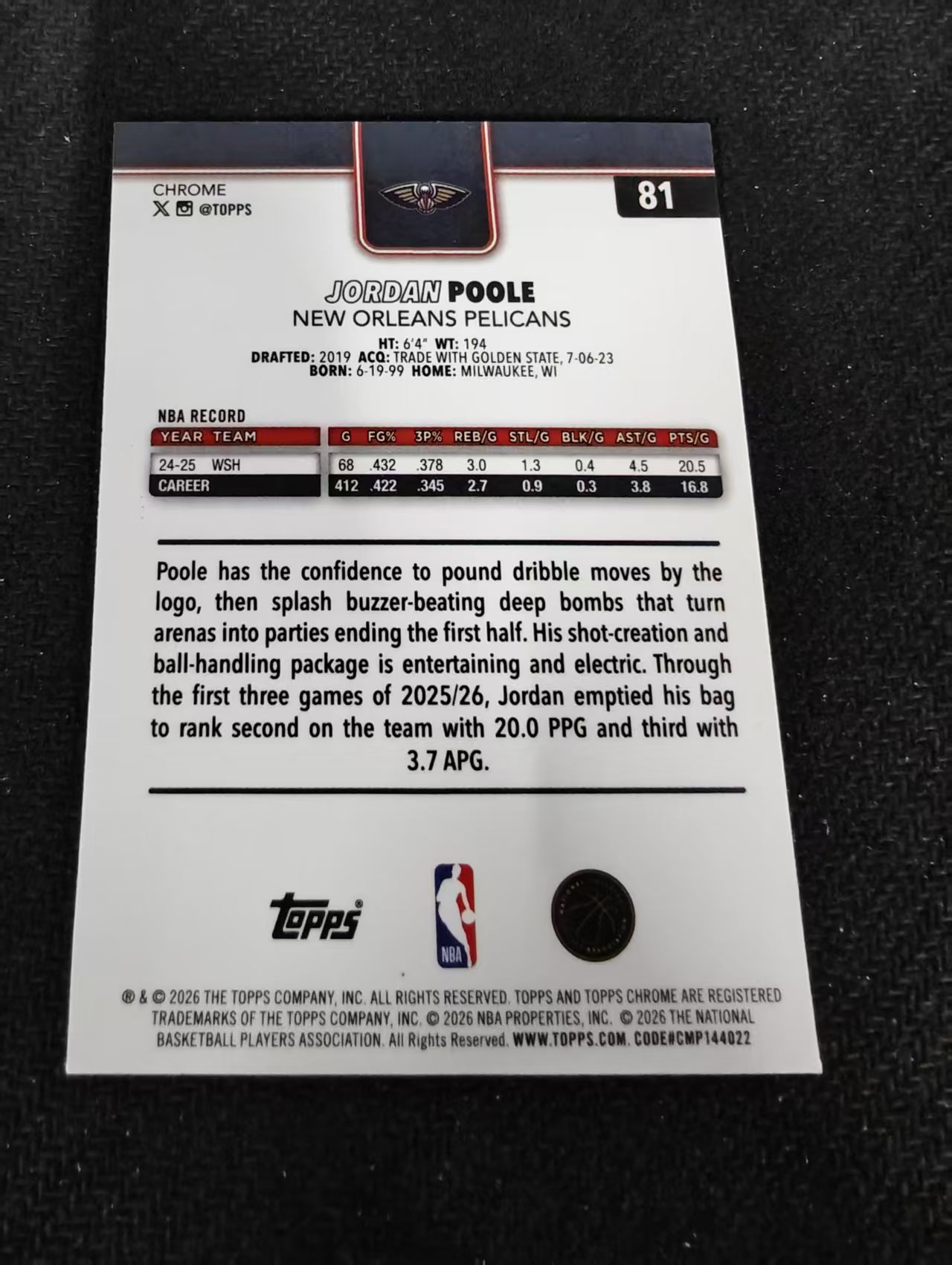 2026 Topps Chrome Update Jordan Poole Tc 鹈鹕队 乔丹 普尔 TCU 划痕 边角瑕疵 #81