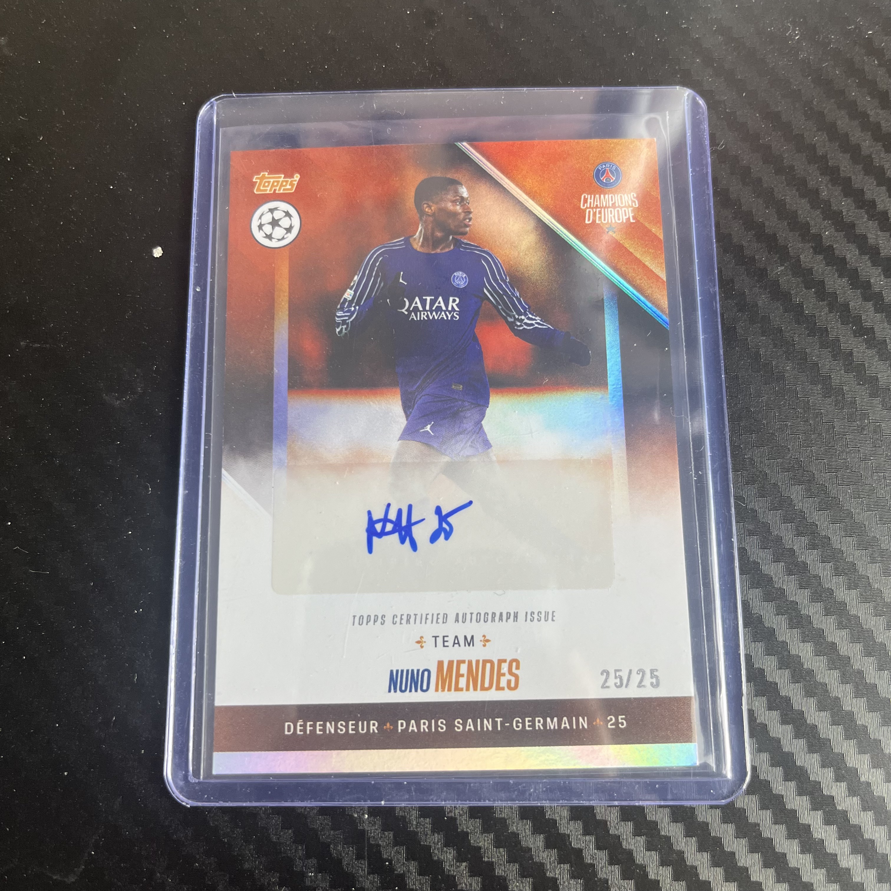 2024-25 Topps Chrome Nuno Mendes 巴黎 展览队盒 努诺 门德斯 橙折 25/25编 签字 不退不换 不累计 卡品如图 丁满代拍 小杆