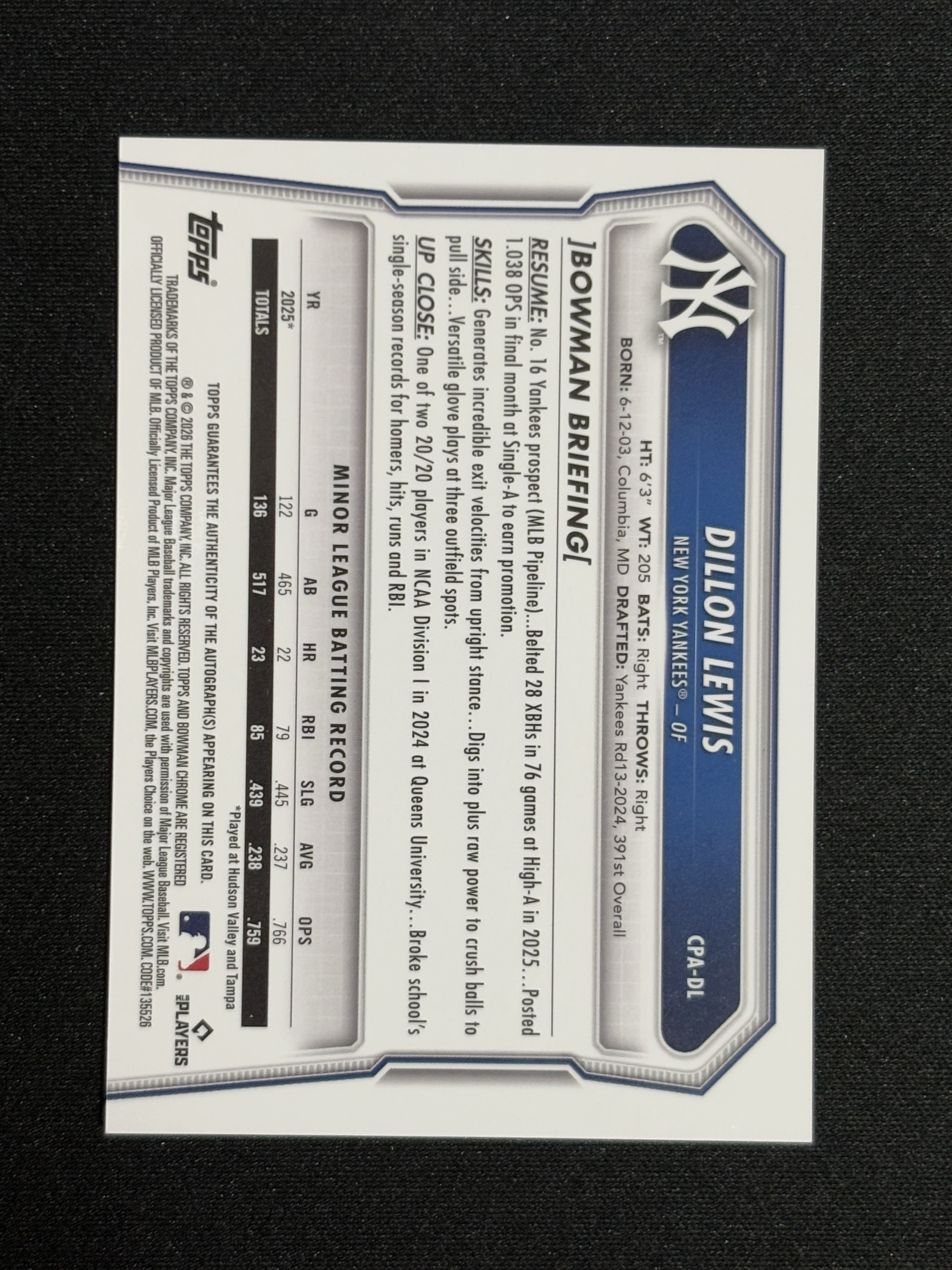 2026 Topps Bowman Dillon Lewis 棒球 MLB 纽约洋基 狄龙 刘易斯 卡签字 绿熔岩折 12/99编 卡品如图 - coke