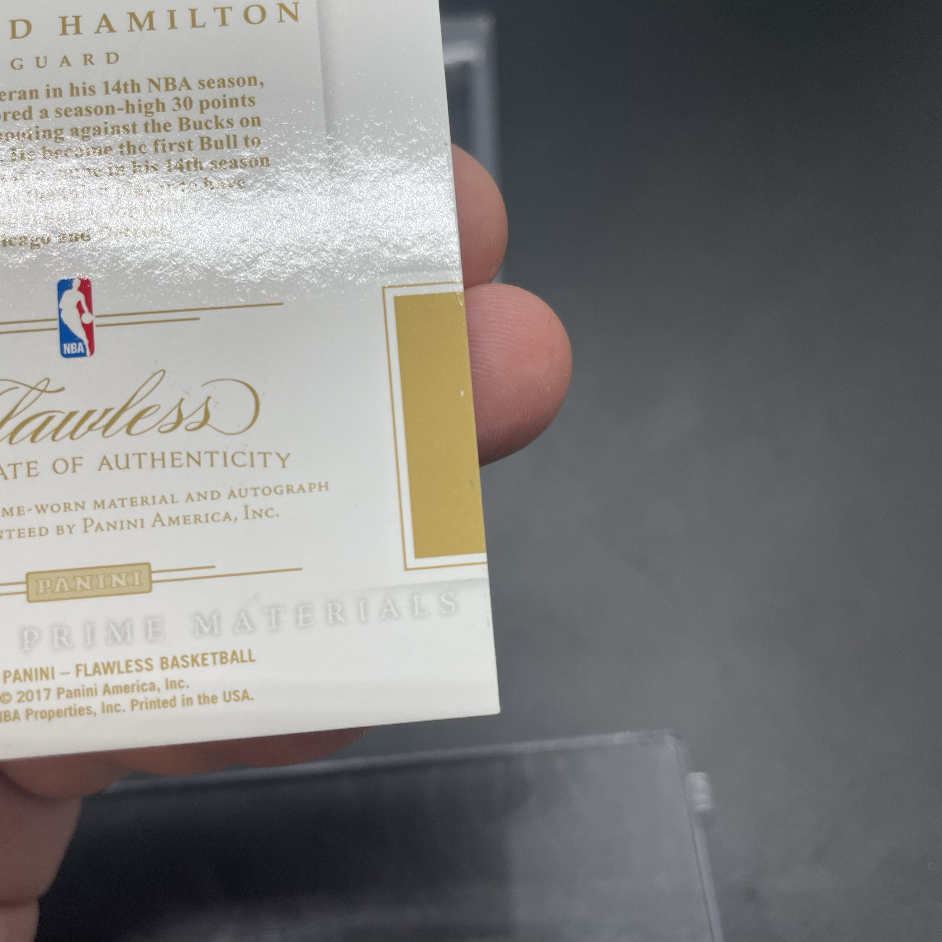 2016-17 Panini Flawless Richard Hamilton 手提 公牛 理查德 汉密尔顿 06/15编 PA签字 卡签 背号签 暴力三色老球衣Patch 面具侠 品墨如图 Ash
