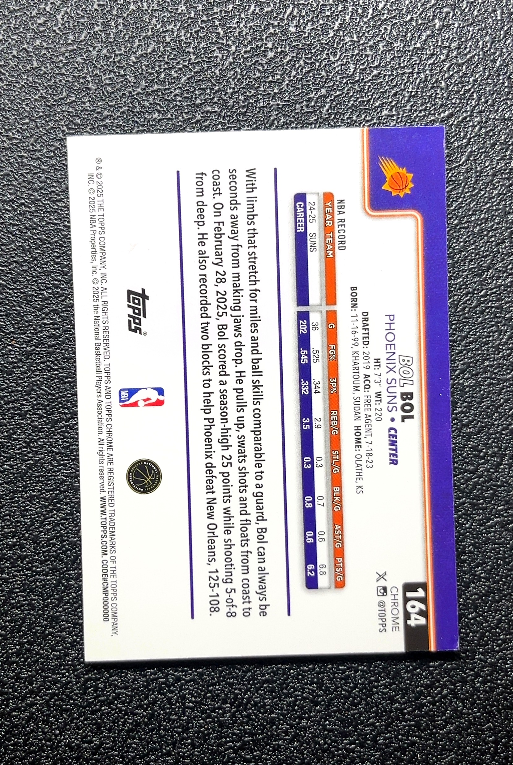 【岛屿拍卖】2023 Topps Chrome Bol Bol 博尔·博尔 卡品如图 高价值 #164 Phoenix Suns 菲尼克斯太阳 0008#215