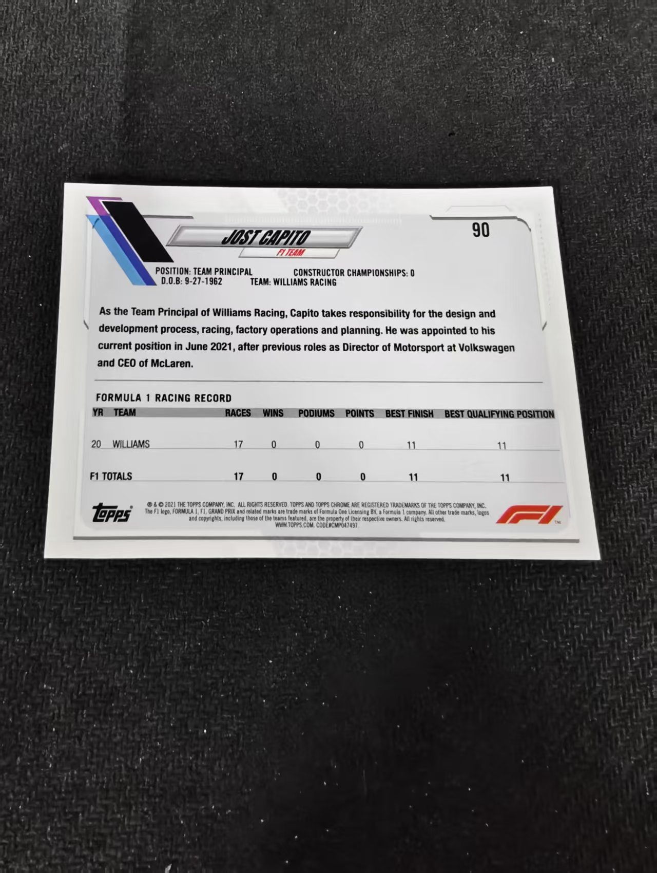 2021 Topps Chrome Jost Capito F1 威廉姆斯 领队 约斯特 卡皮托 划痕 边角瑕疵 #90