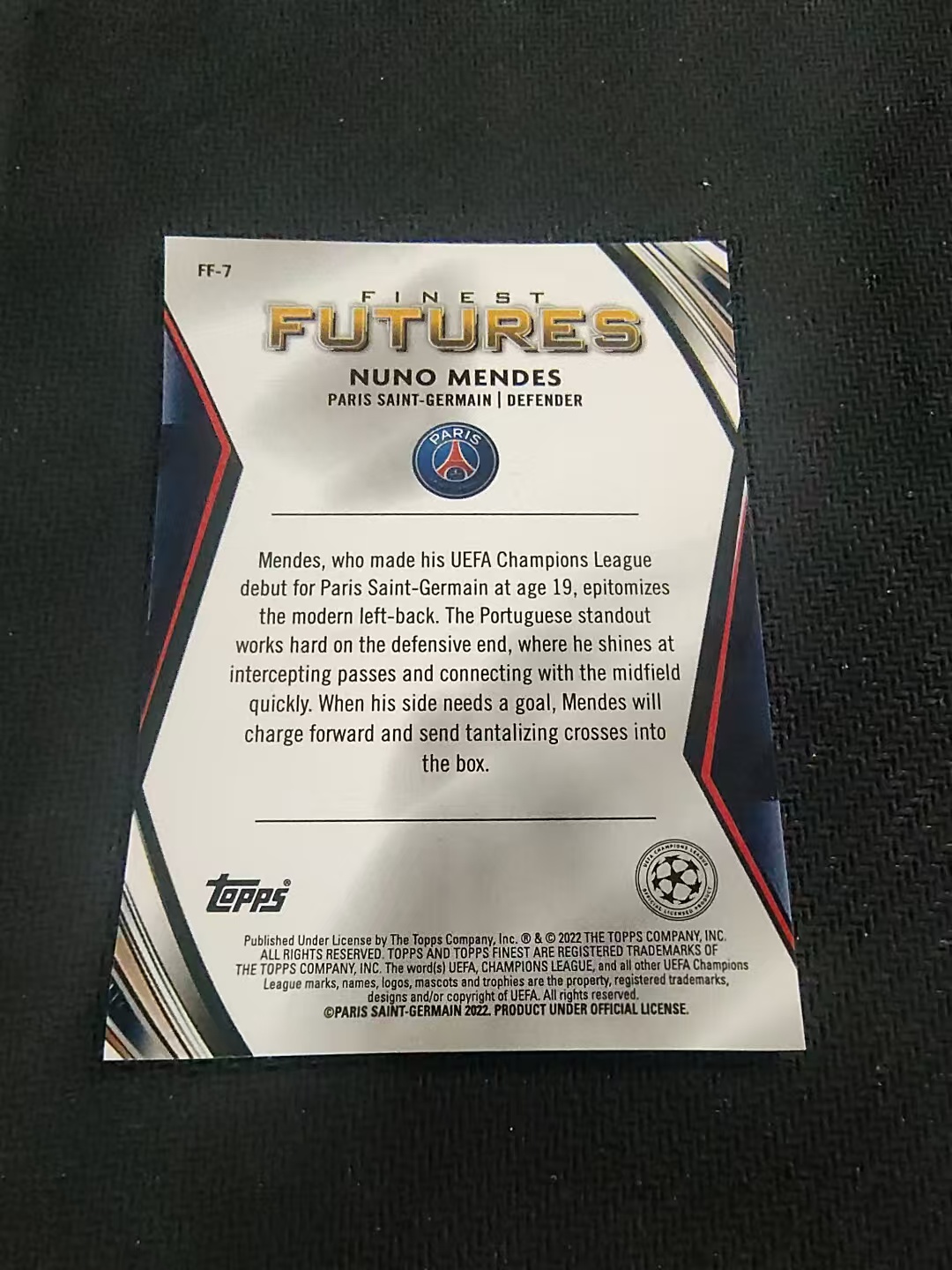 【可合并,不累计】2022 Topps Finest Nuno Mendes 努诺 门德斯 巴黎 新秀 RC FUTURES 未来特卡 欧冠 银折 边角瑕疵