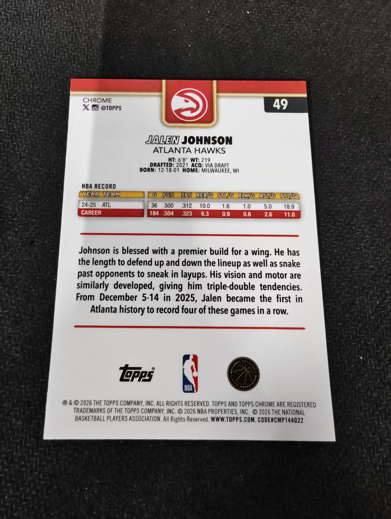 2026 Topps Chrome Update Jalen Johnson 杰伦 约翰逊 老鹰 新鹰王 /150编 蓝波纹 瑕疵如图