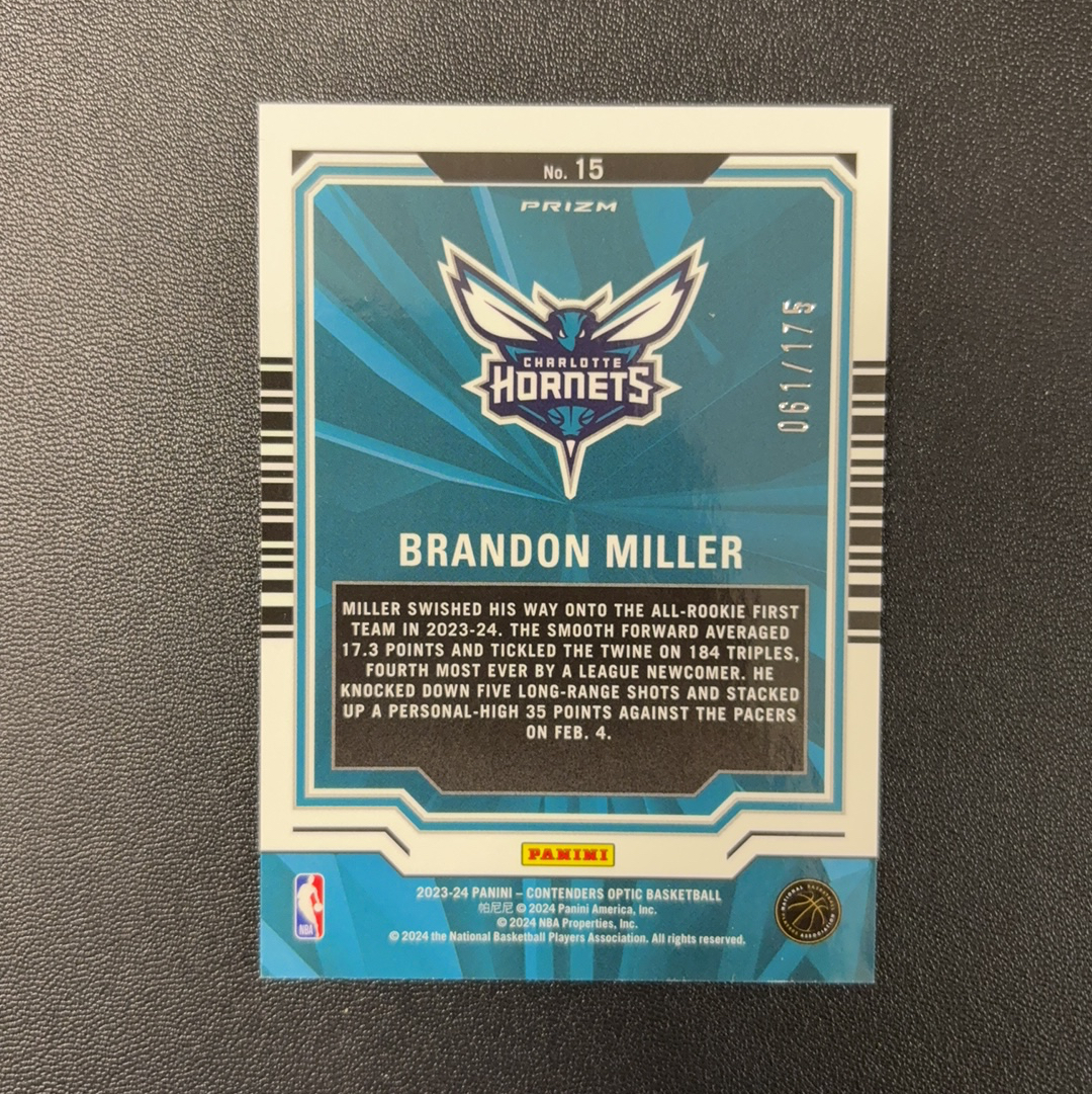 Brandon Miller 布兰登米勒 2023-24 Contenders 球票 Optic RC 175编 35分 数据特卡 碎冰折 黄蜂队 卡品 东契奇 sga 库里 文班亚马 詹姆斯