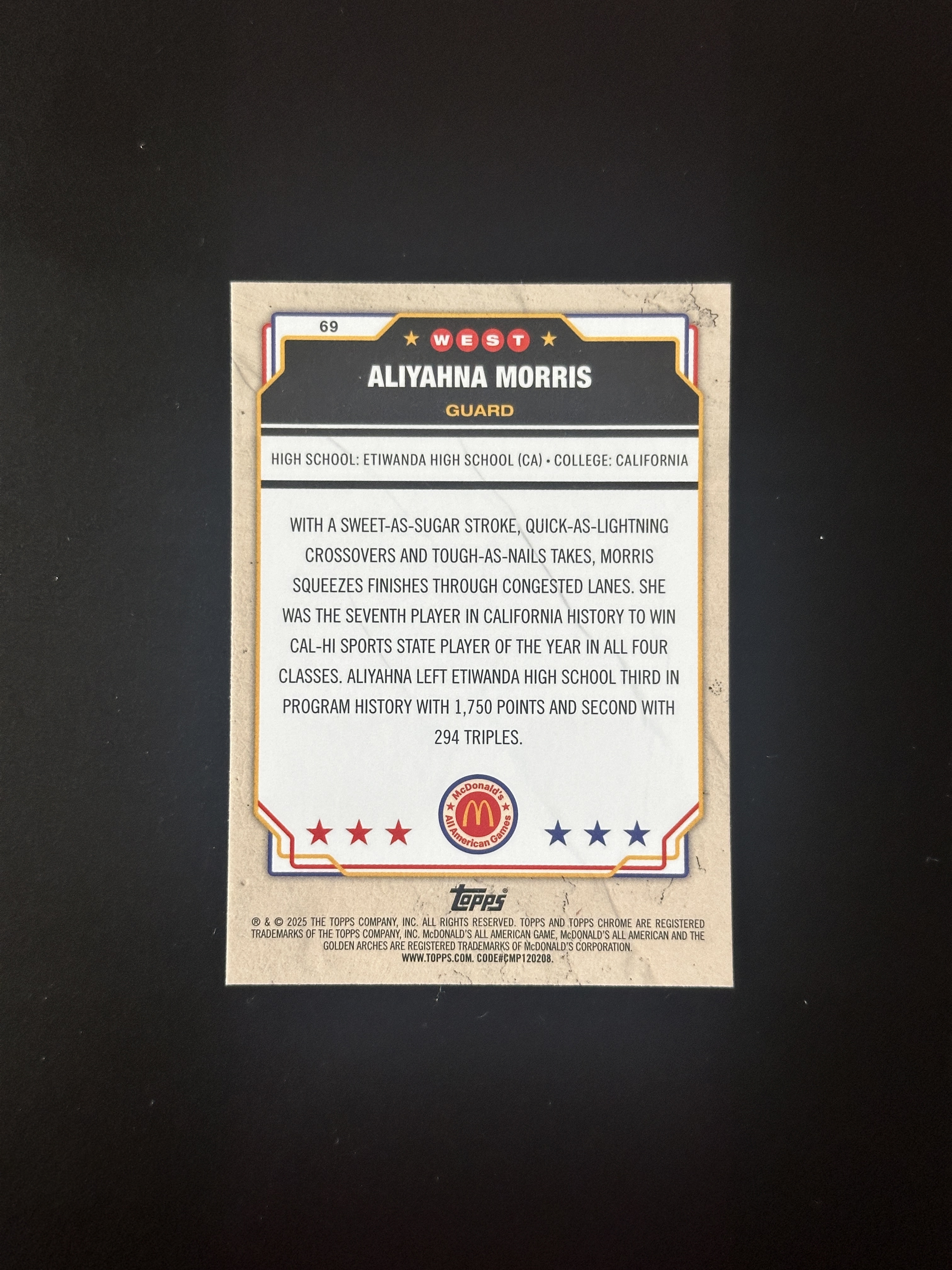 2025 Topps McDonald's Aliyahna Morris TC 麦当劳高中全明星 阿丽亚娜 莫里斯 编号69 碎钻折 折射 UCLA 热门新秀 收藏必备