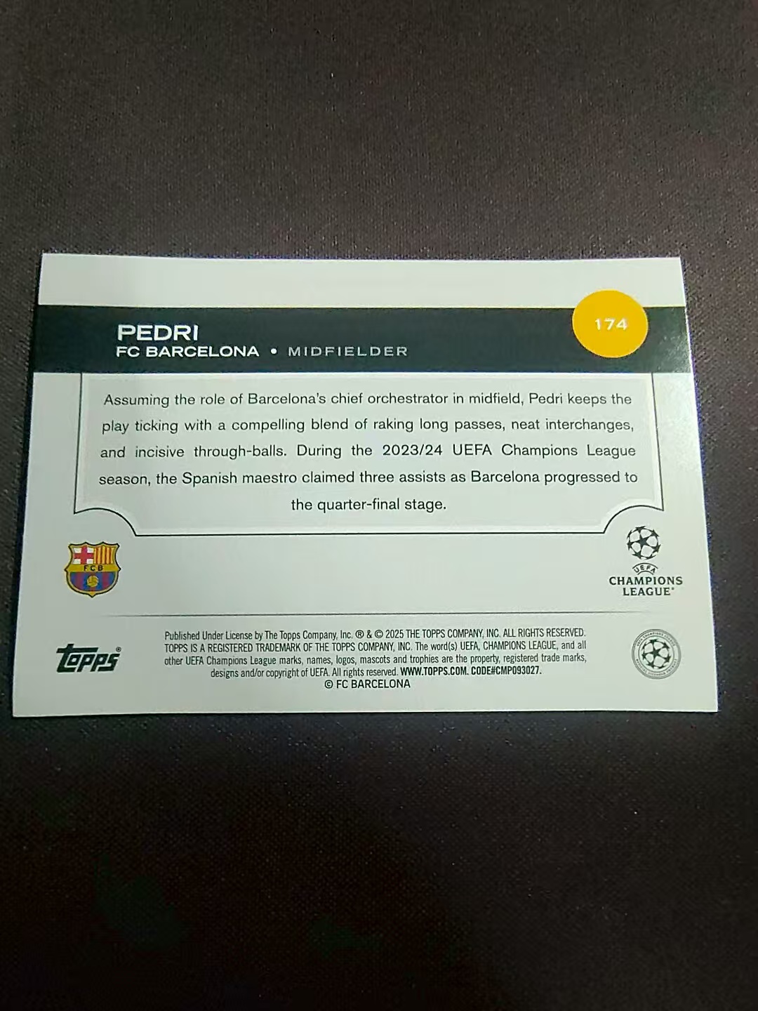 【可合并,不累计】2025 Topps Chrome Pedri 巴塞罗那 佩德里 欧冠 划痕 边角瑕疵 #174