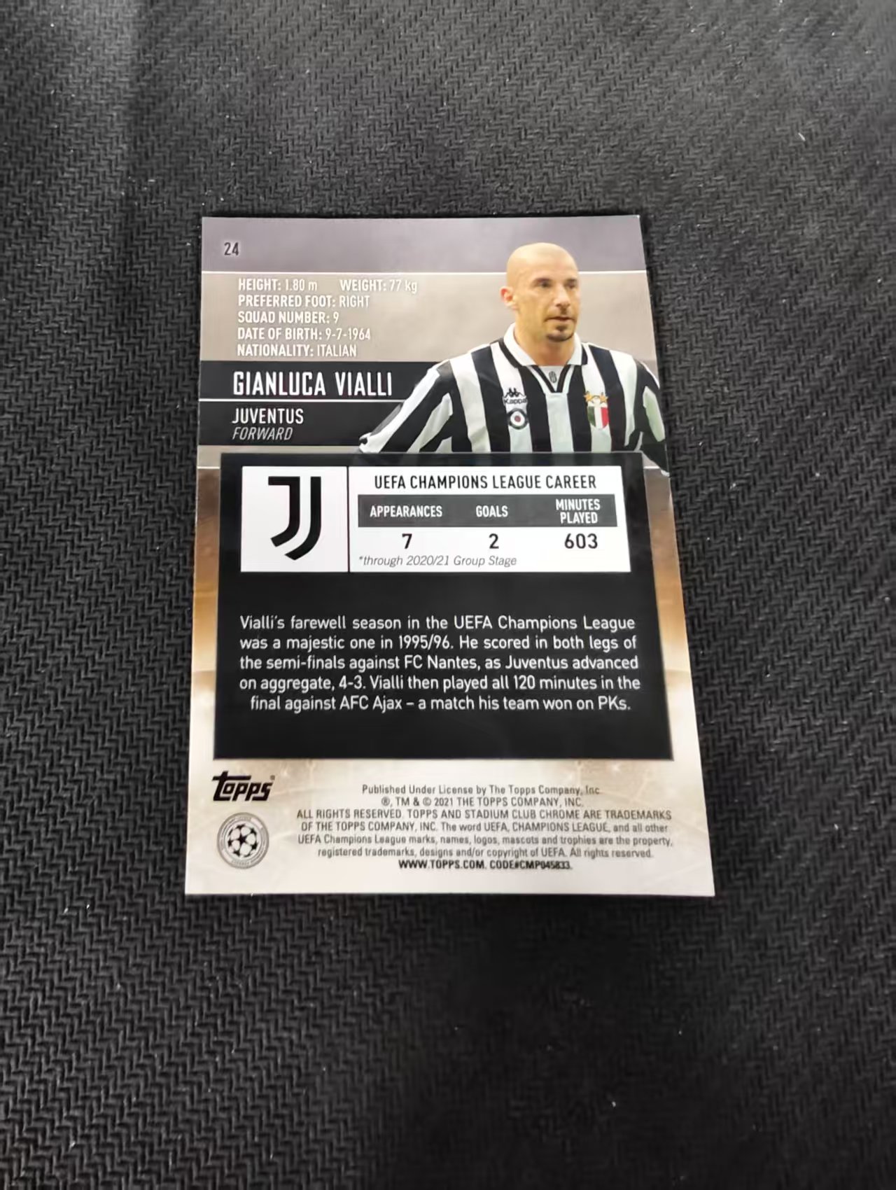 【可合并,不累计】2021 Topps Stadium Club Chrome Gianluca Vialli 尤文图斯 维亚利 捧杯 竞技场 欧冠 划痕 边角瑕疵 #24