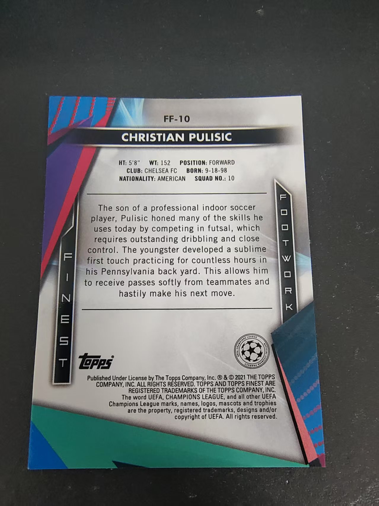【可合并,不累计】2021 Topps Finest Christian Pulisic 普利西奇 银折 欧冠 折射 美国 切尔西 AC米兰 特卡 #10