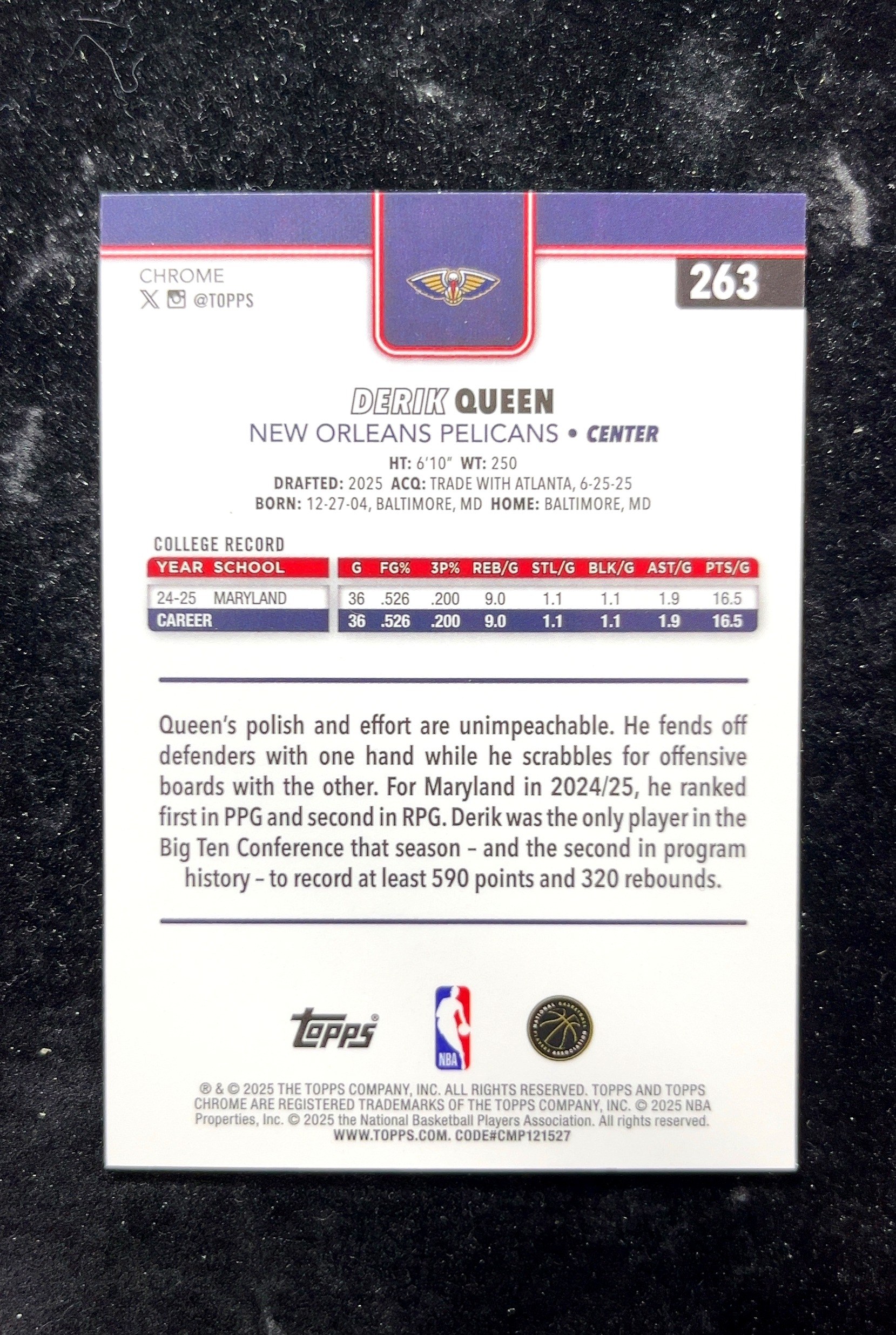 【小白1%代卖】2025 Topps Chrome Jersey Chrome 球衣 Derik Queen 德里克·奎恩 Jersey Chrome 新秀 RC 卡品如图 高价值 0702