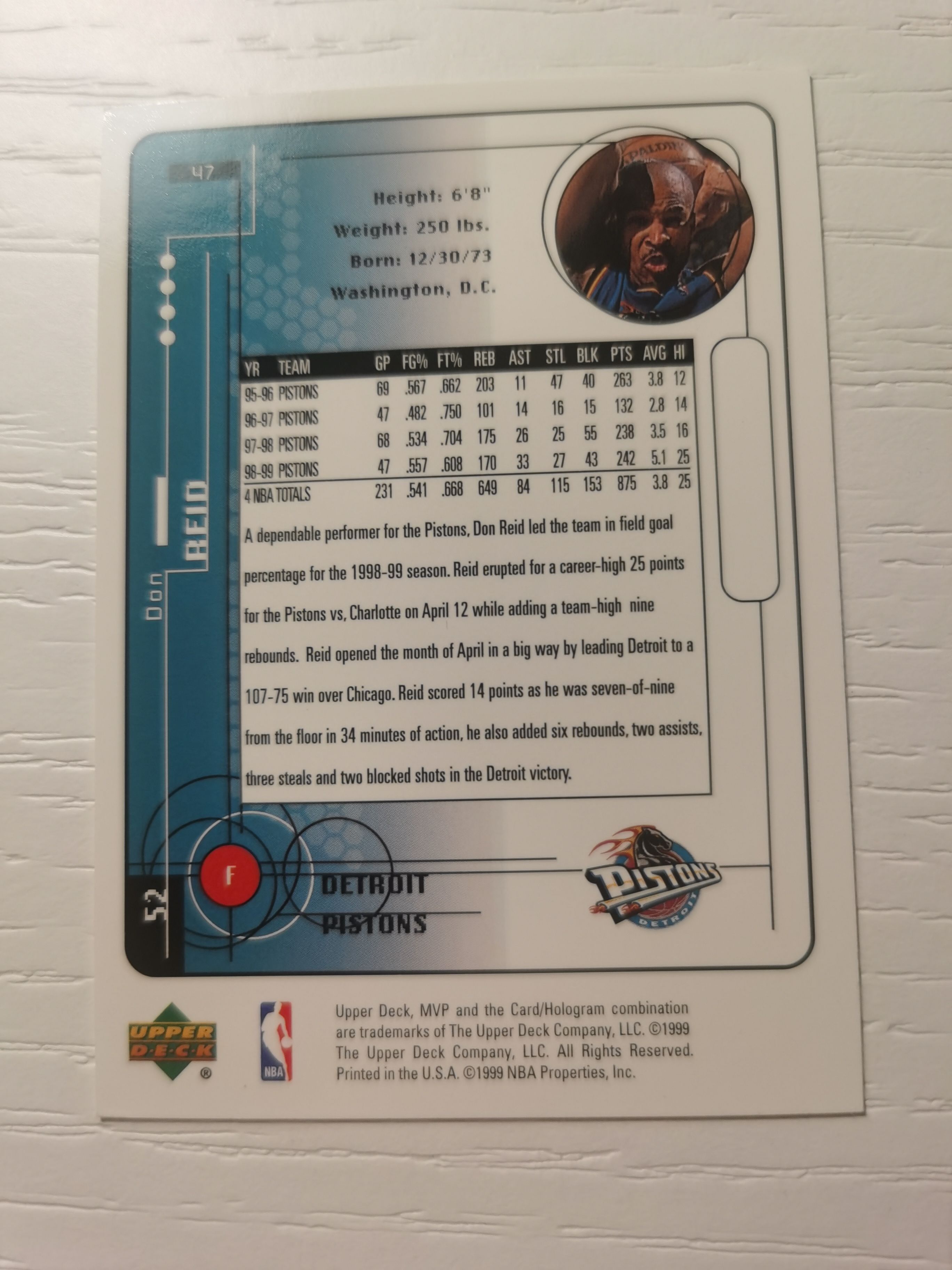 1999-00 Upper Deck MVP Don Reid 1999-00 唐-瑞德 UD mvp 银标 硬通货 极具收藏价值 活塞