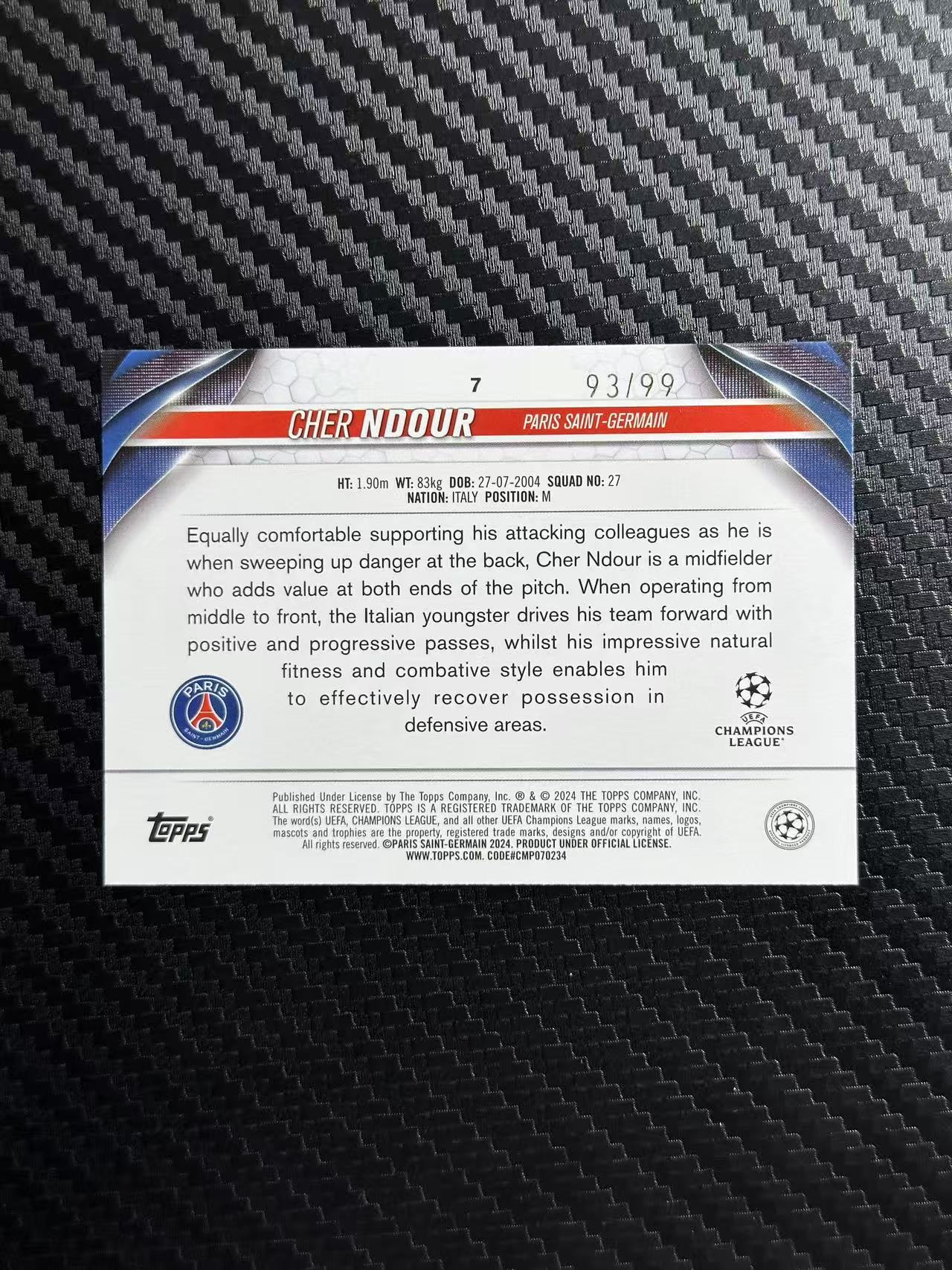 2024 Topps ucc CHER NDOUR 欧战 巴黎圣日耳曼 谢尔 恩杜尔 绿折 93/99编 卡品如图 拍前看描述