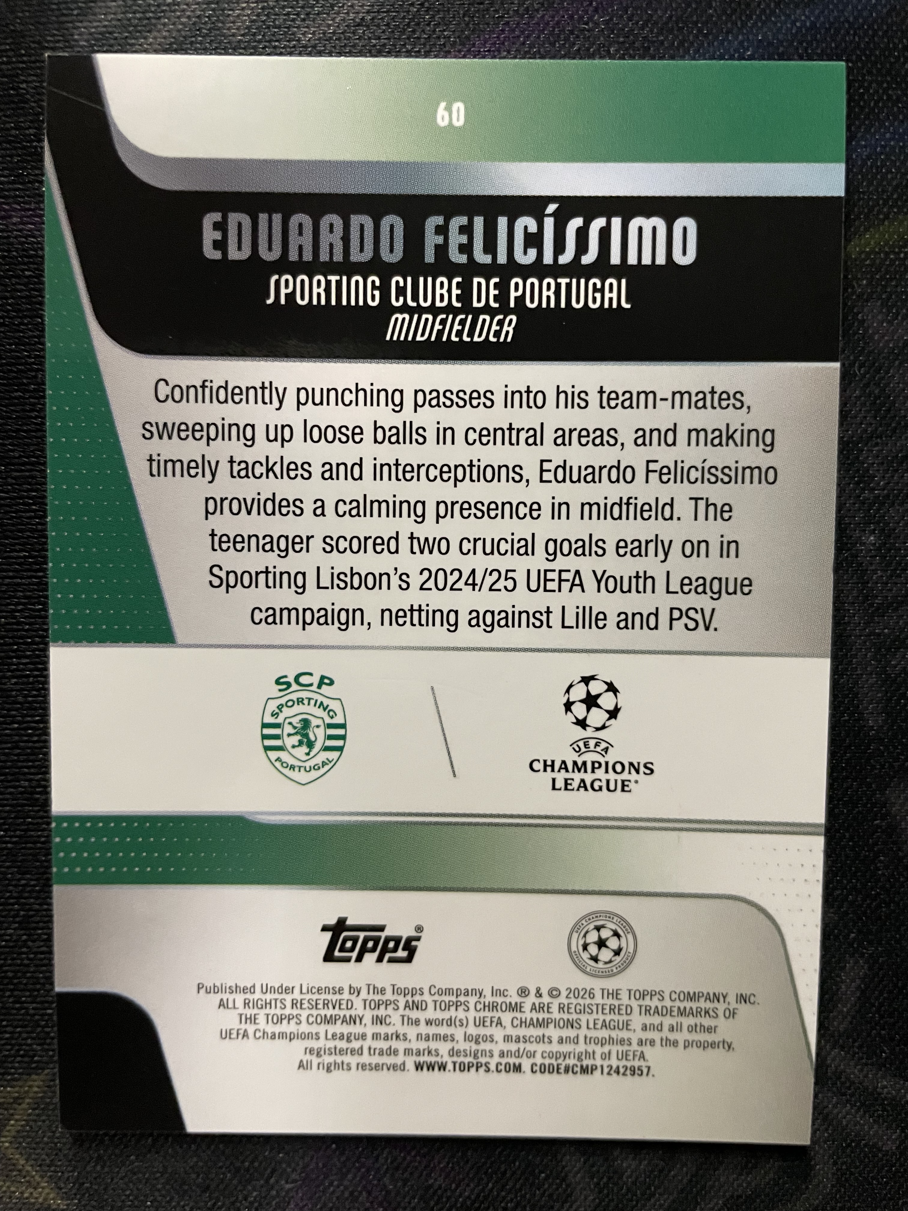 2026 Topps Chrome Eduardo Felicissimo RC 【逸潮玩】欧冠 新秀 爱德华多 费利西西莫 葡萄牙 绿圈圈折 折射 限量/9编 qlm 09