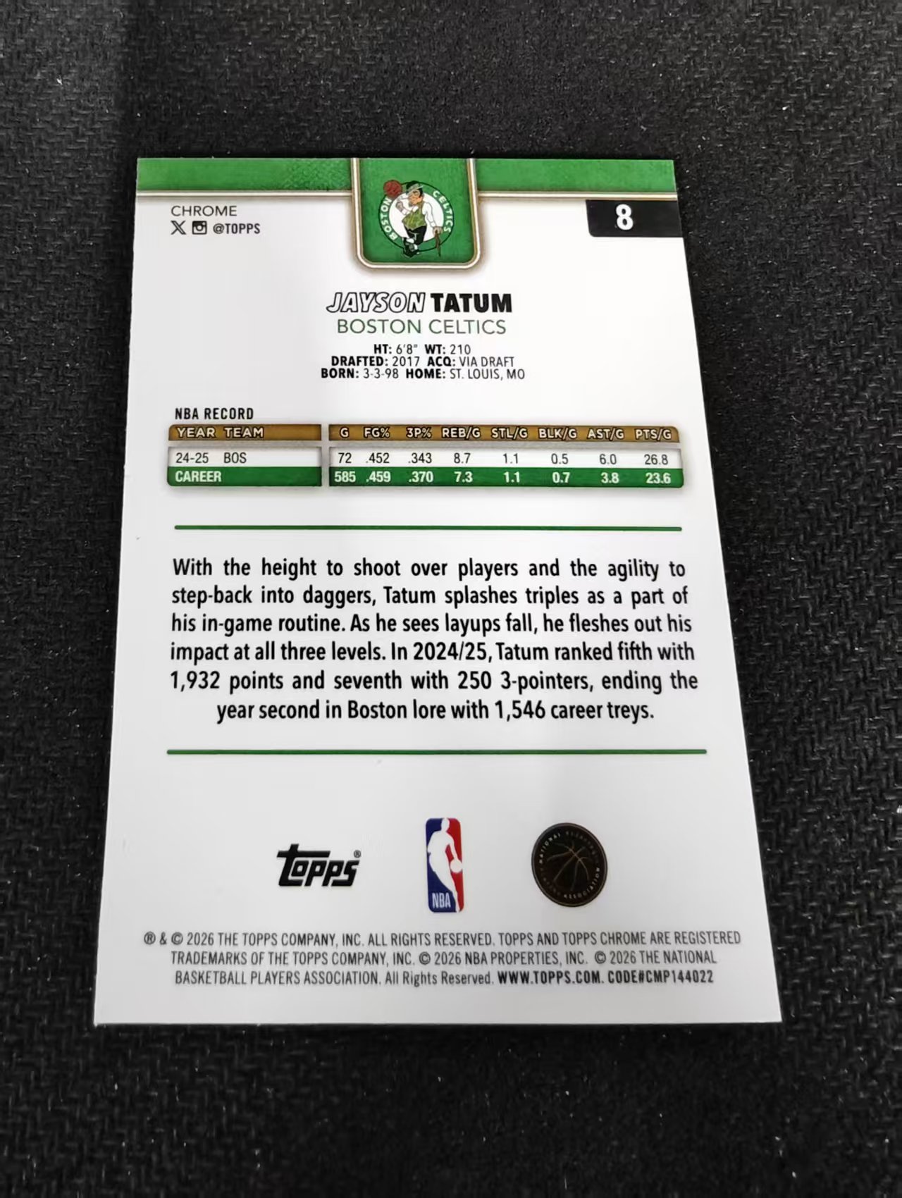 2026 Topps Chrome Update Jayson Tatum 凯尔特人 杰森 塔图姆 獭兔 TCU 划痕 边角瑕疵 #8