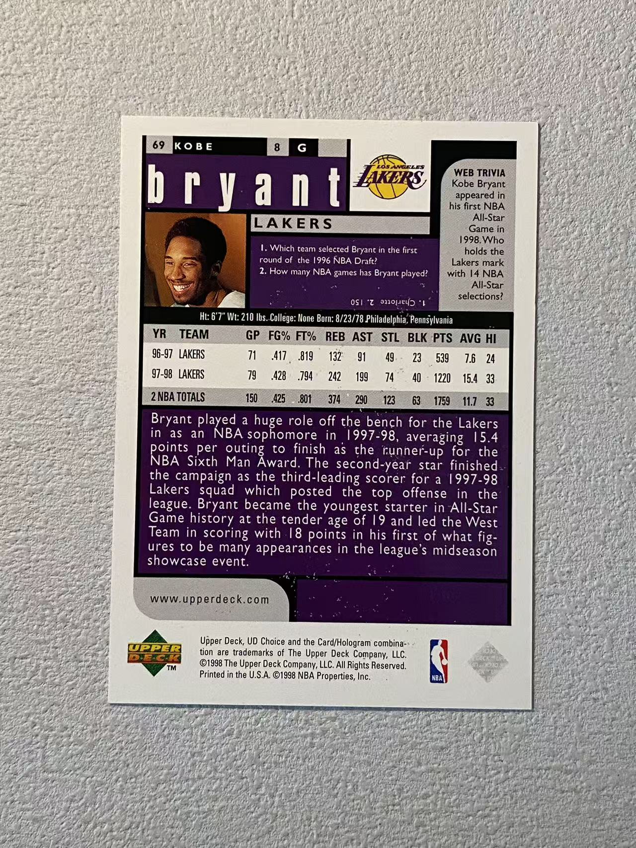1998 Upper Deck Choice Kobe Bryant UD 湖人 科比 布莱恩特 稀有老特 老卡轻微白点 收藏必备