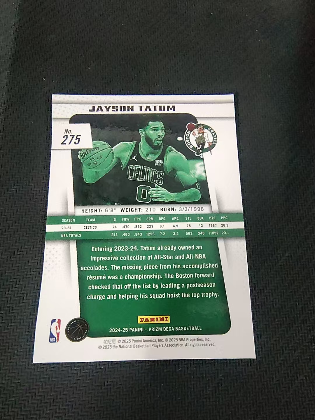 【可合并,不累计】2024-25 Panini Prizm Deca Jayson Tatum 复刻PZ 杰森 塔图姆 獭兔 凯尔特人 划痕 边角瑕疵 #275