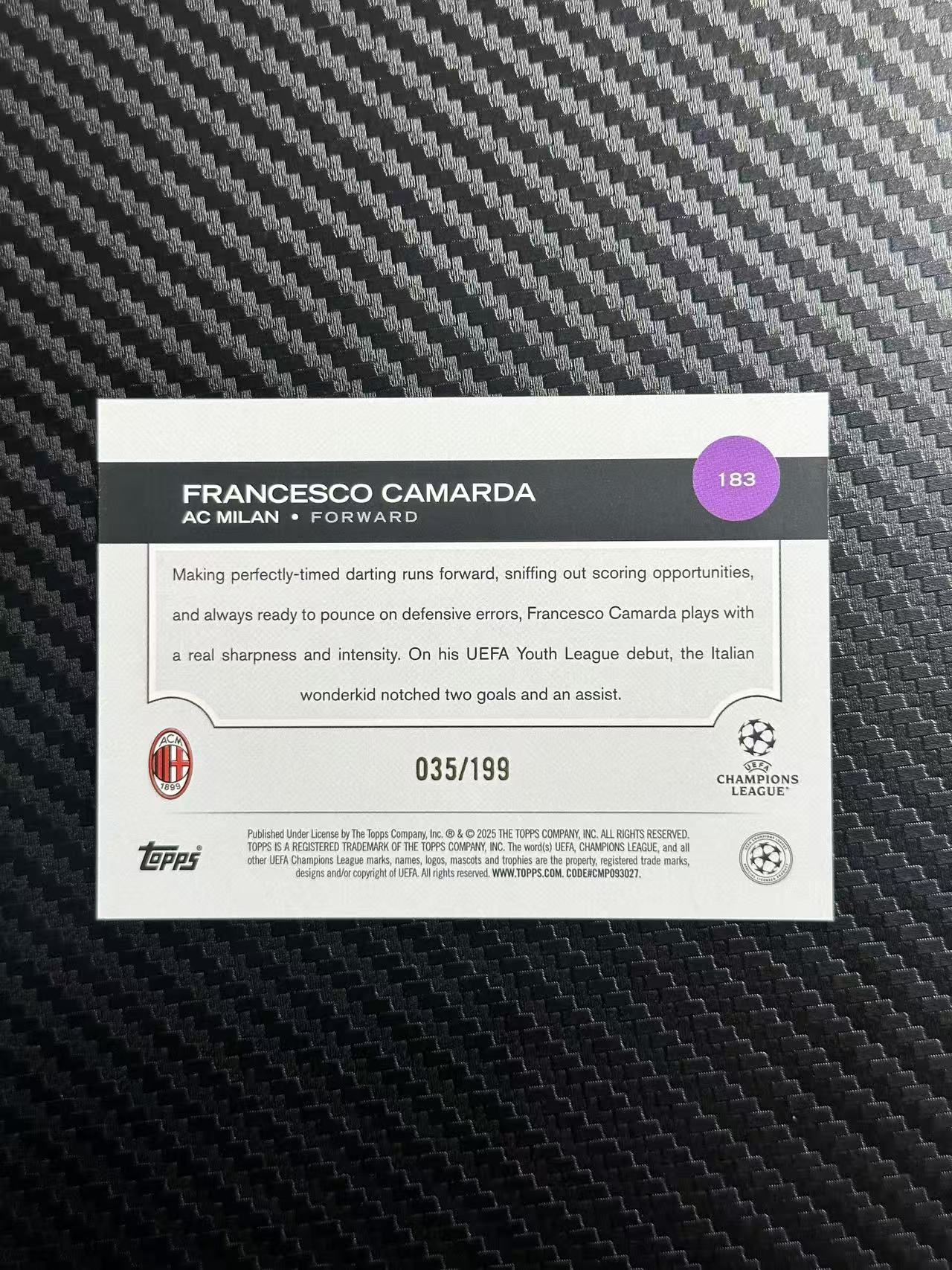 2025 Topps ucc FRANCESCO CAMARDA 弗朗西斯科 卡马尔达 AC米兰 035/199 绿折 欧战 卡品如图 拍前看描述