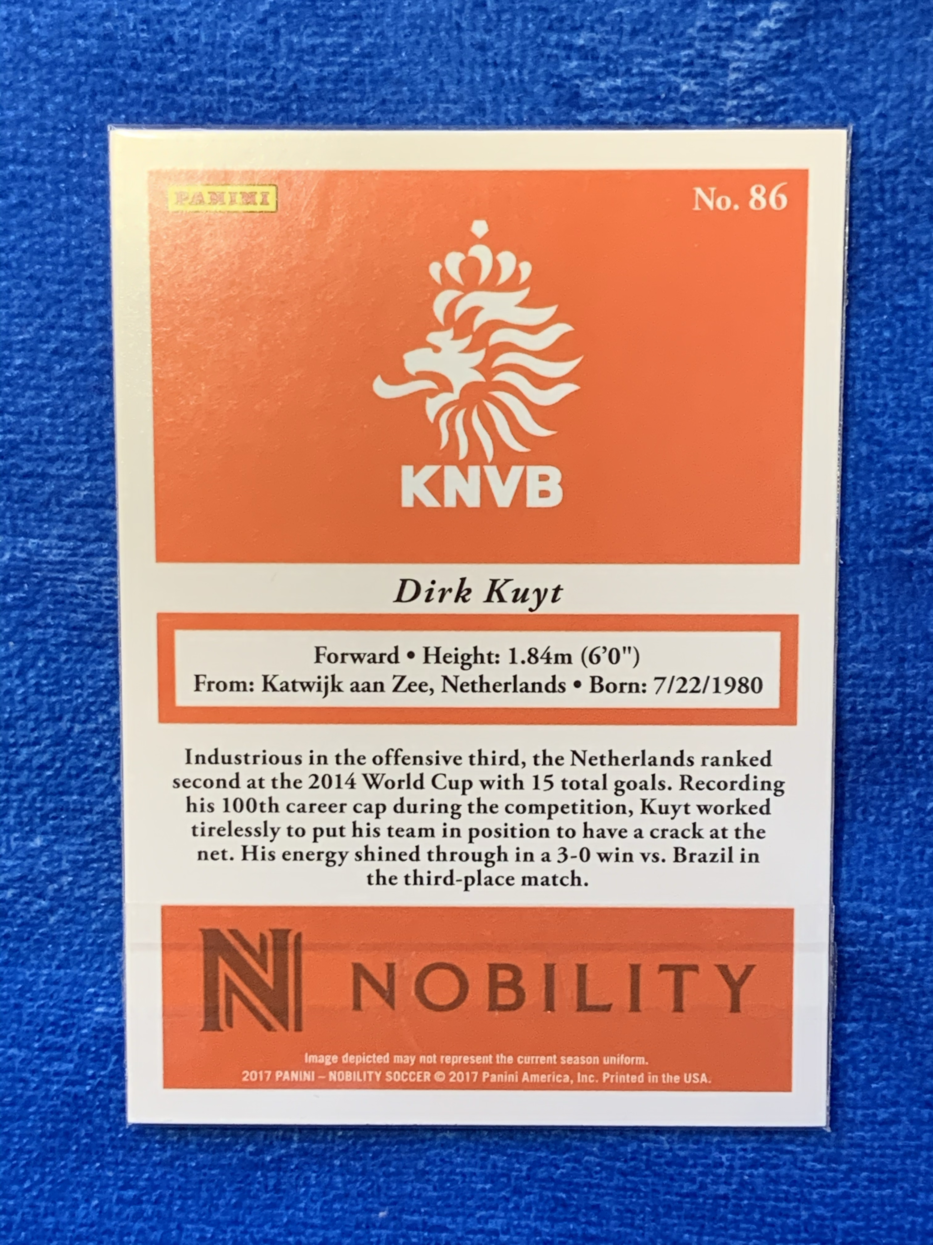 2017 Panini Nobility Kuyt 帕尼尼贵族 荷兰Holland 库伊特 世界杯亚军季军 防守型前锋 前场工兵 费耶诺德Feyenoord 利物浦Liverpool欧冠决赛进球