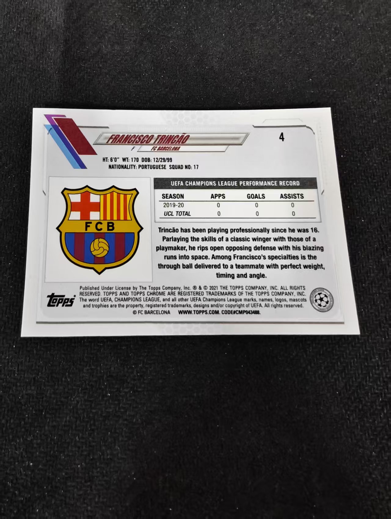 【可合并,不累计】2021 Topps Chrome francisco trincao 欧冠 RC 新秀 特林康 巴萨 碎冰折 碎花折 划痕 边角瑕疵 #4