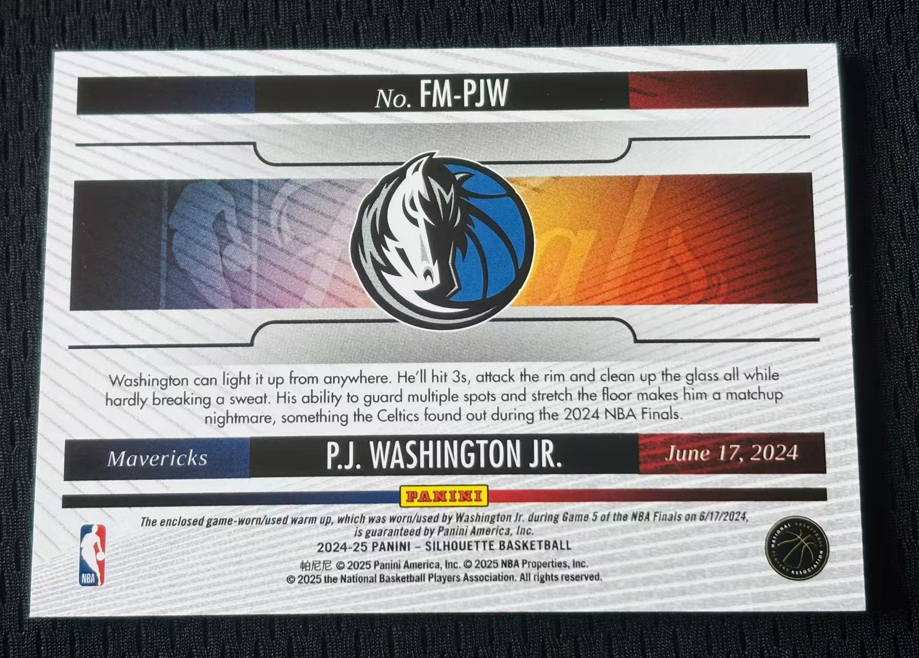 2024-25 Panini Silhouette P.J. Washington 剪影 独行侠 PJ 华盛顿 NBA Finals 总决赛 小窗 球衣 切割 GU 24年 VS 凯尔特人 不累计