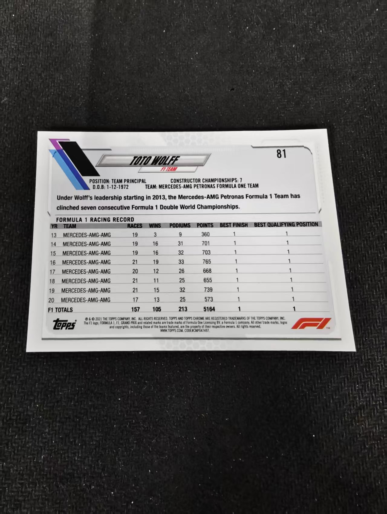 2021 topps chrome F1 toto wolff 托托 沃尔夫 划痕 边角瑕疵 #81