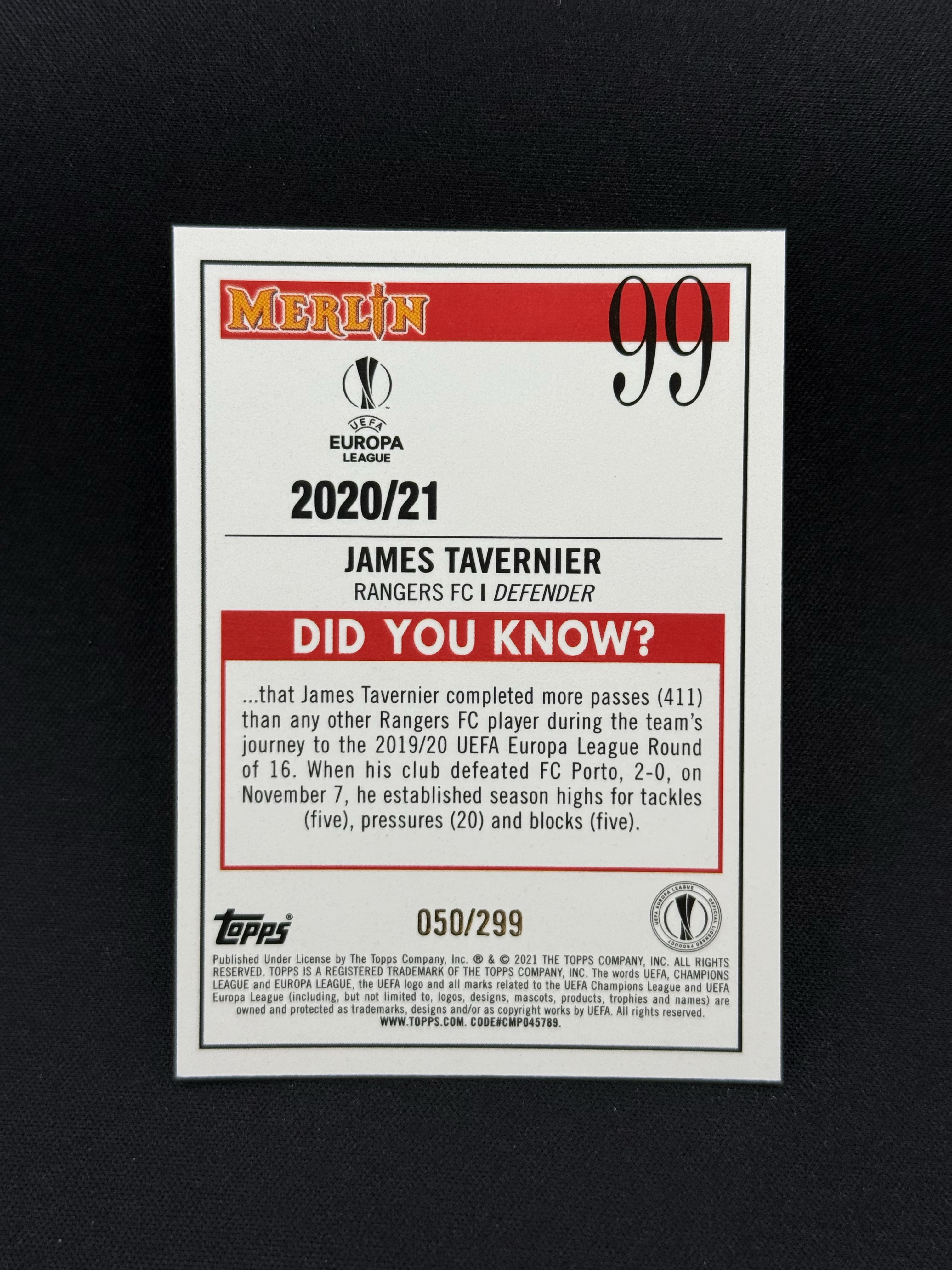 2020-21 Topps Merlin James Tavernier RC 【小贝代拍】欧冠 元年 梅林 流浪者 新秀 塔沃尼尔 紫折 299编 卡品如图 拍前看描述 H CT