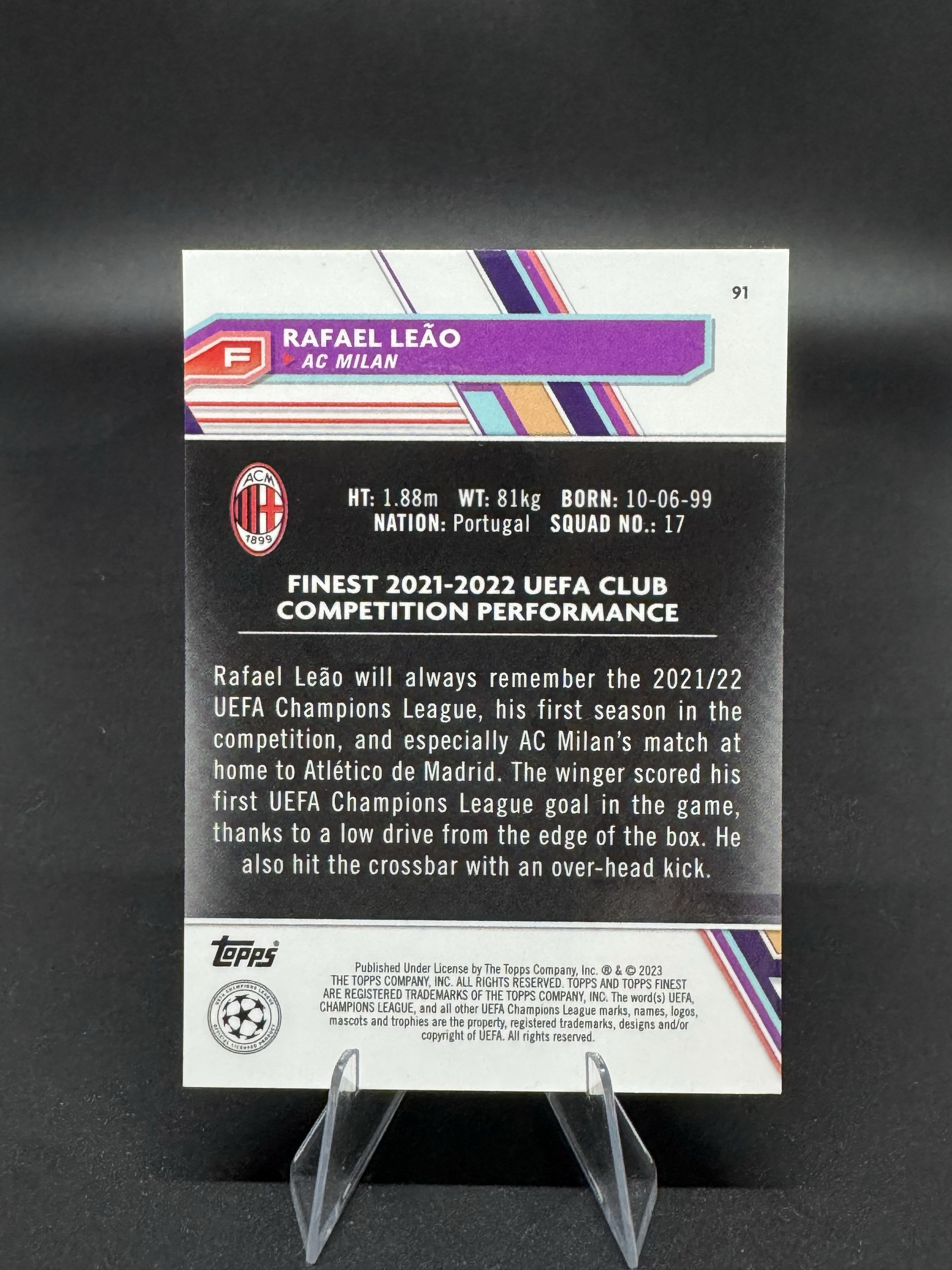 2023 Topps Finest Rafael Leao 【蓉城拍卖】拉斐尔 莱奥 AC米兰 190/250编 欧冠 蓝折 葡萄牙 收藏必备 赛文